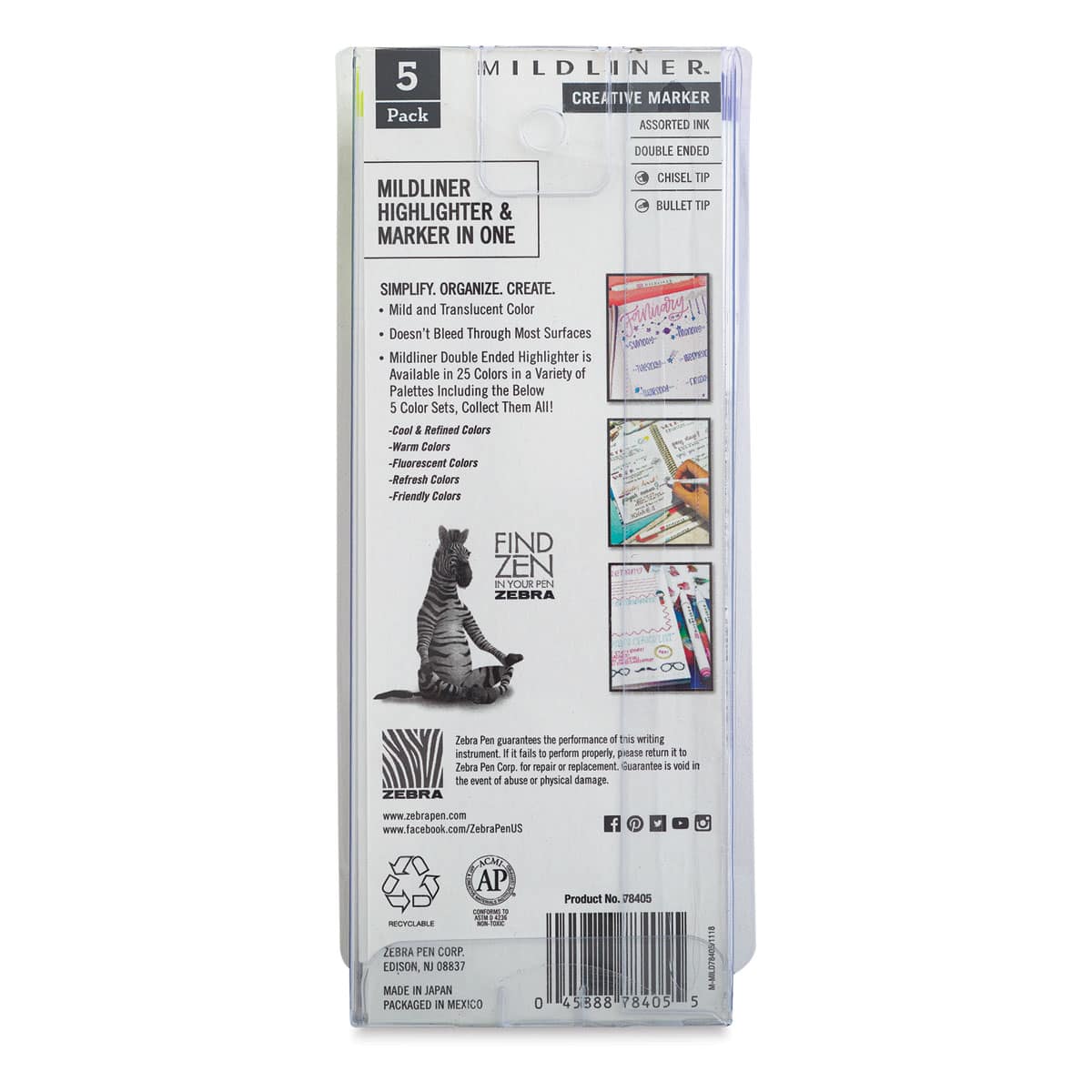 Zebra Mildliner Double Ended Creative Markers - Refresh Colors, Set of 5 (Back of package)
