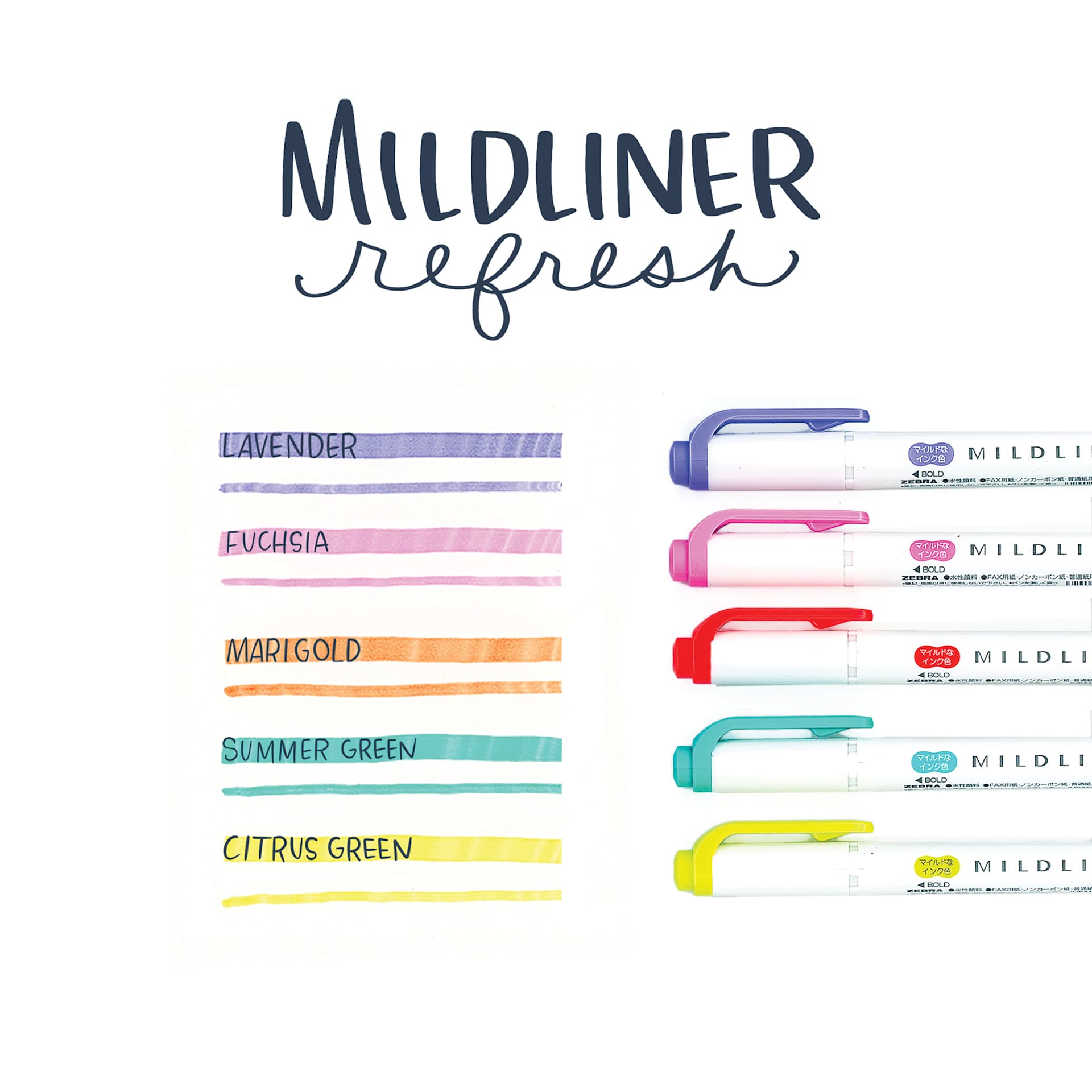 Zebra Mildliner Double Ended Creative Markers - Refresh Colors, Set of 5 (pens with color swatches)