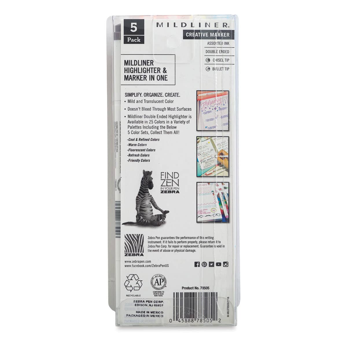 Zebra Mildliner Double Ended Creative Markers - Friendly Colors, Set of 5 (Back of package)