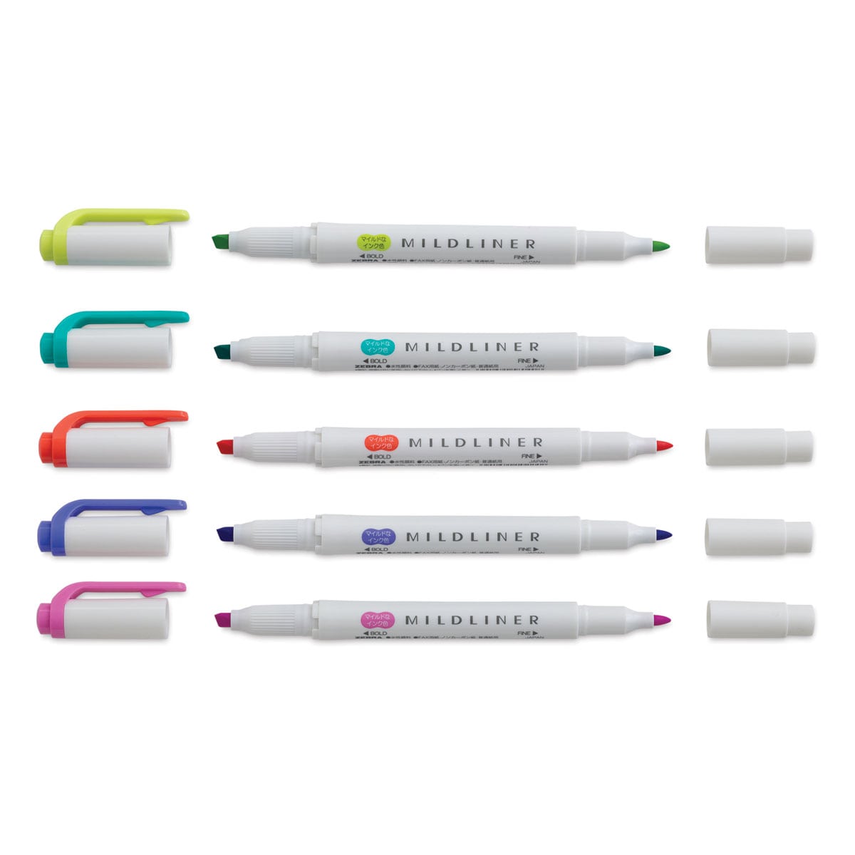 Zebra Mildliner Double Ended Creative Markers - Refresh Colors, Set of 5 with caps off