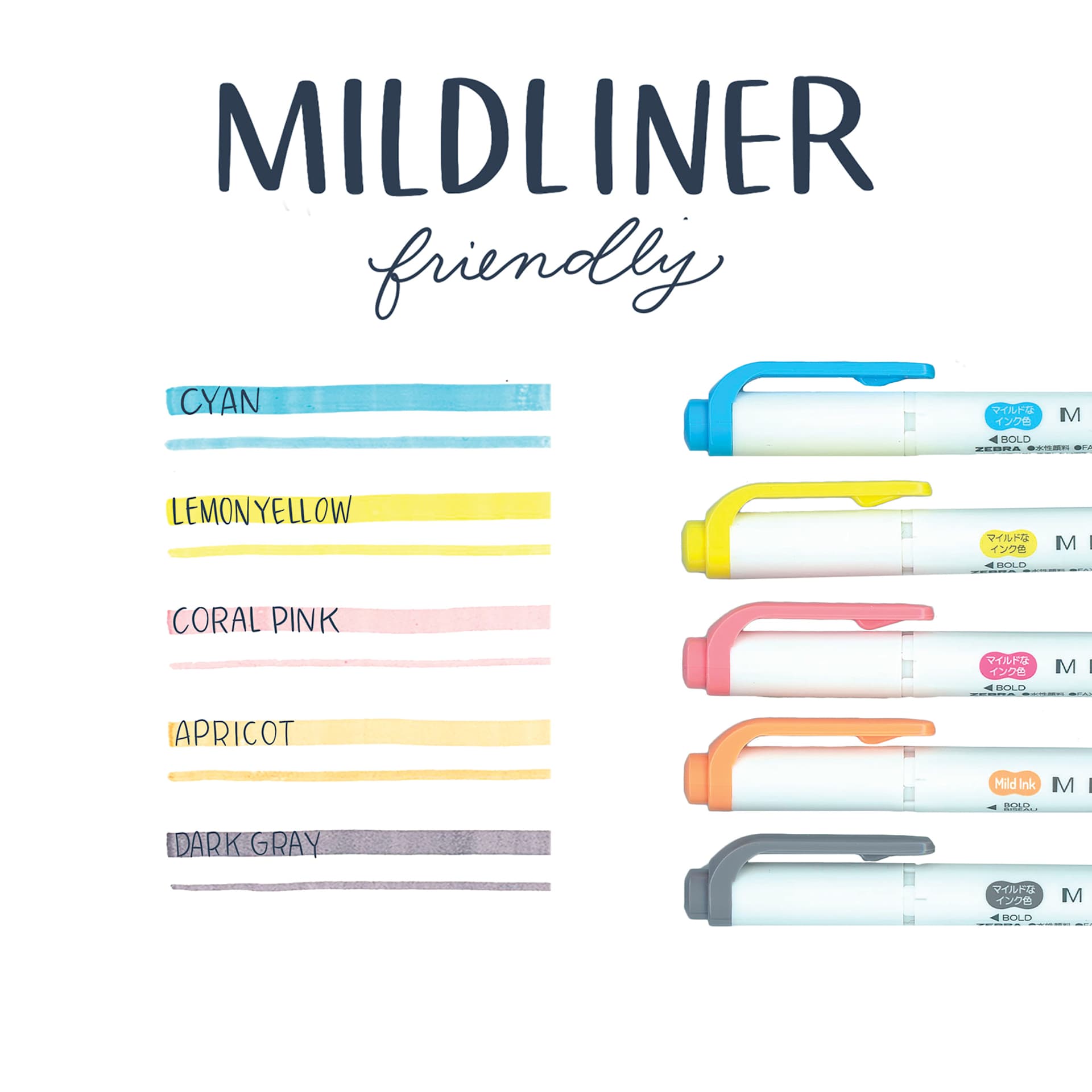 Zebra Mildliner Double Ended Creative Markers - Friendly Colors, Set of 5 (pens with color swatches)