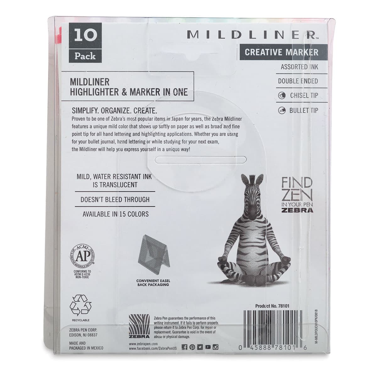 Zebra Mildliner Double Ended Creative Markers - Fluorescent and Cool Colors, Set of 10 (Back of package)