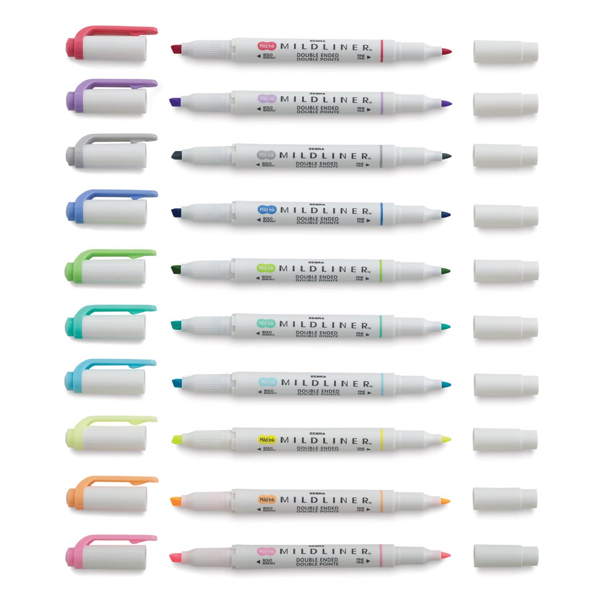 Zebra Mildliner Double Ended Creative Markers - Fluorescent and Cool Colors, Set of 10 with caps off