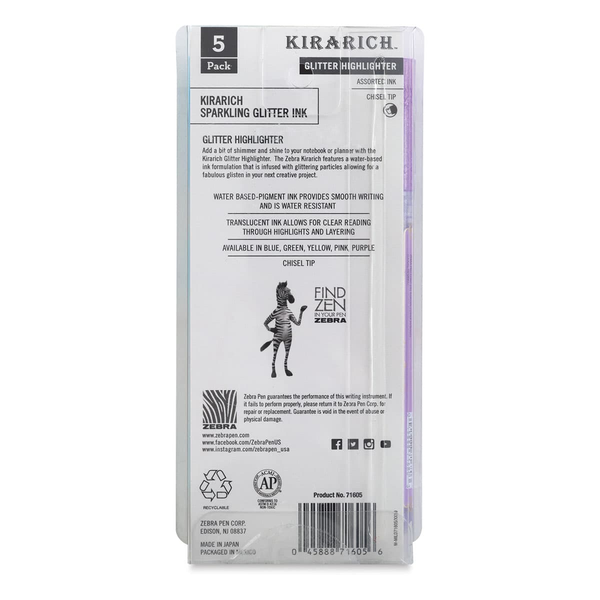 Zebra Kirarich Glitter Markers - Set of 5 - back of packaging