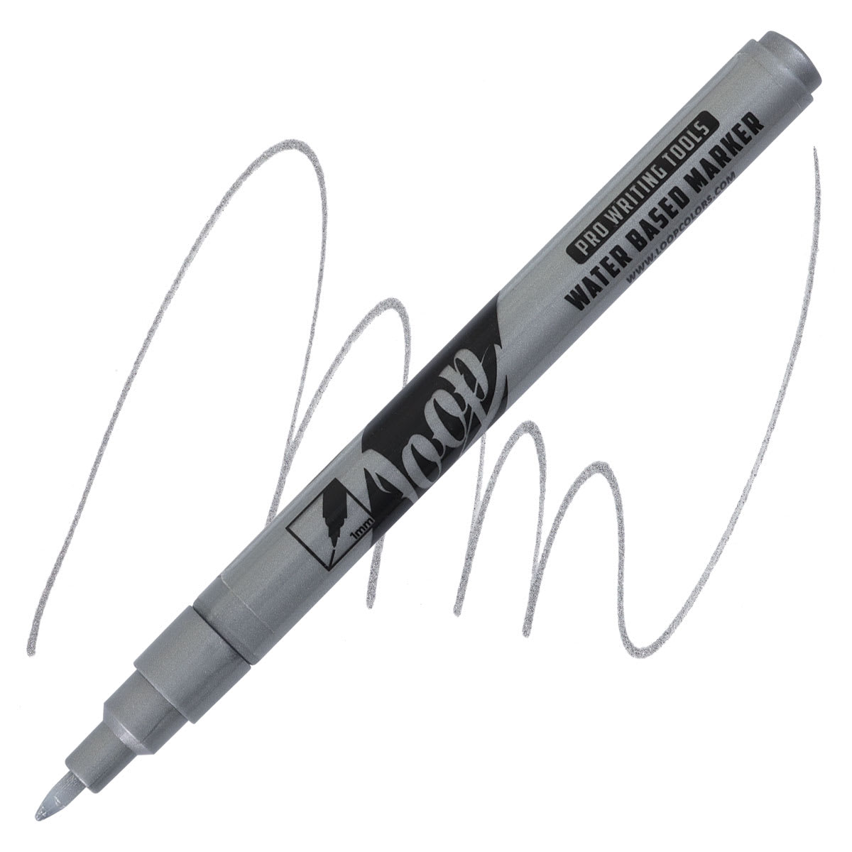 Loop Water-Based Acrylic Marker - Silver, 1 mm marker and swatch