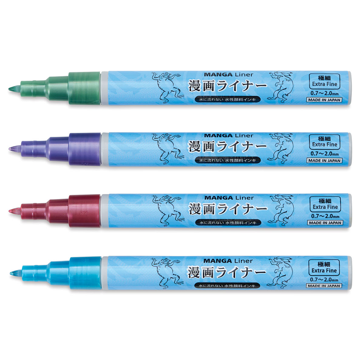 Aitoh Manga Liner Pens - Bright Metallic Colors, Set of 4 (markers with caps off)