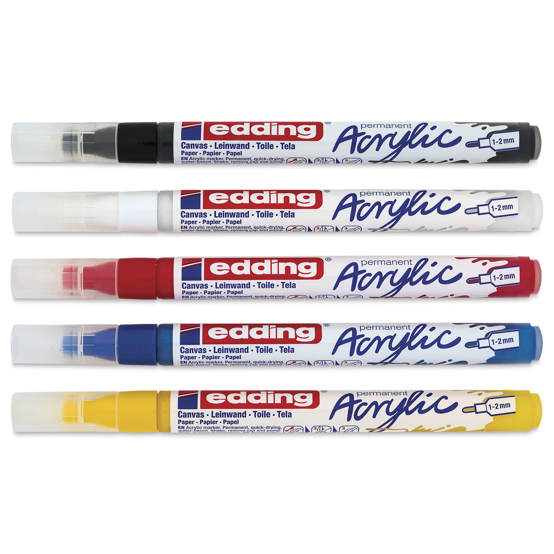 Edding Acrylic Paint Markers - Basic Colors, Set of 5, Fine, caps on