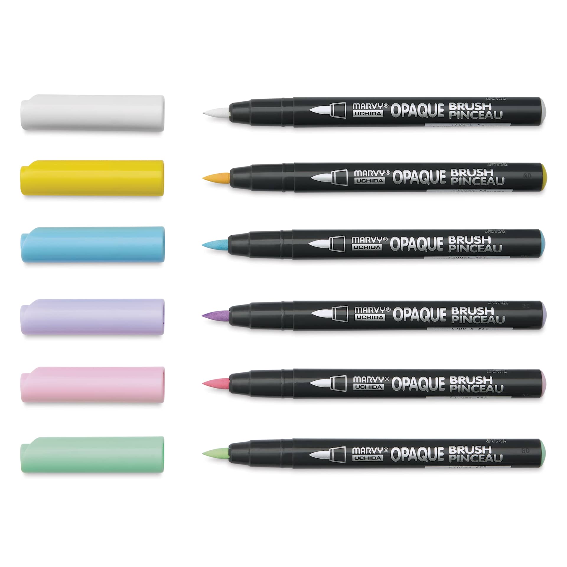 Marvy Uchida Opaque Brush Marker - Set of 6, Pastel, caps and markers