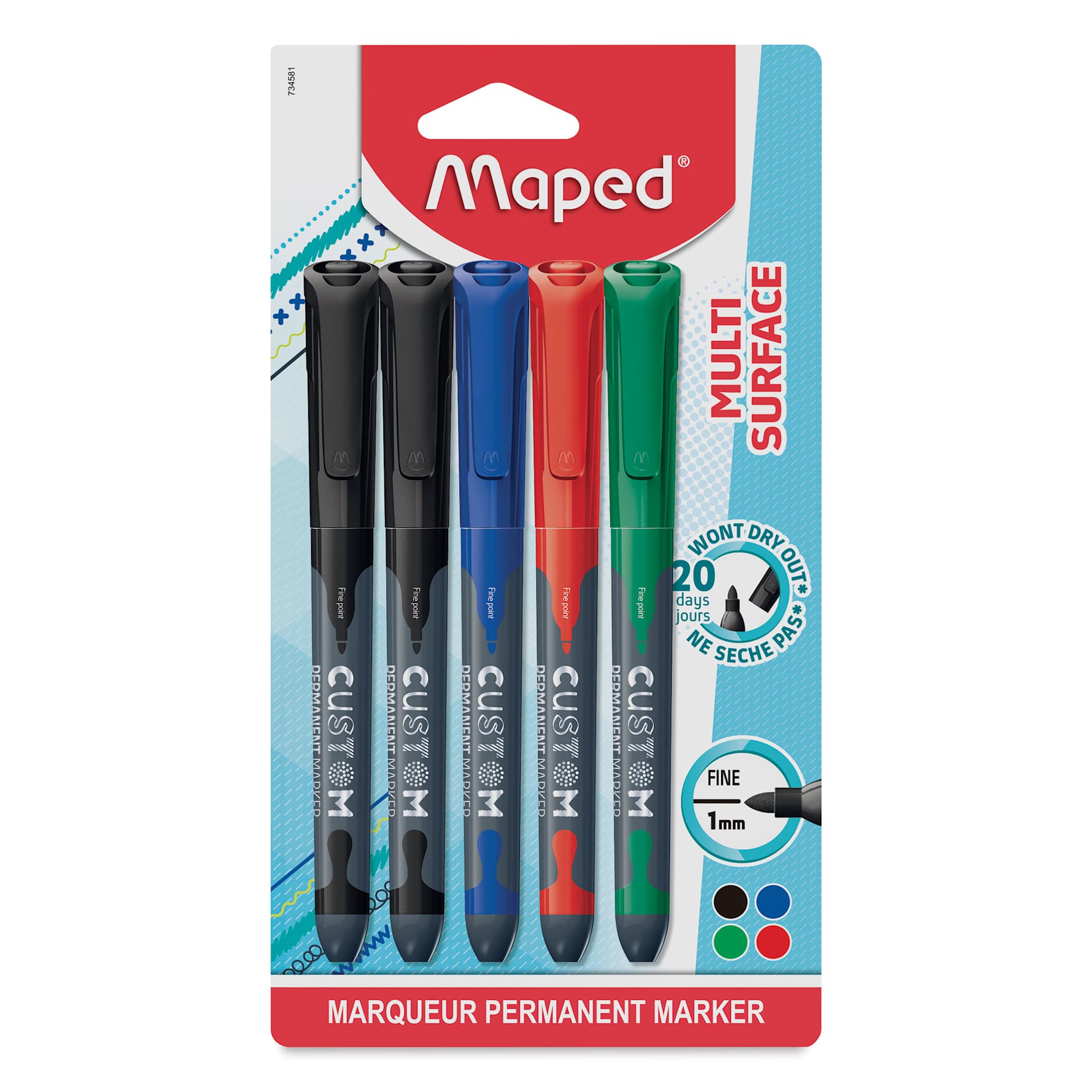 Maped Custom Permanent Markers - Assorted Colors, Set of 5, front of the packaging