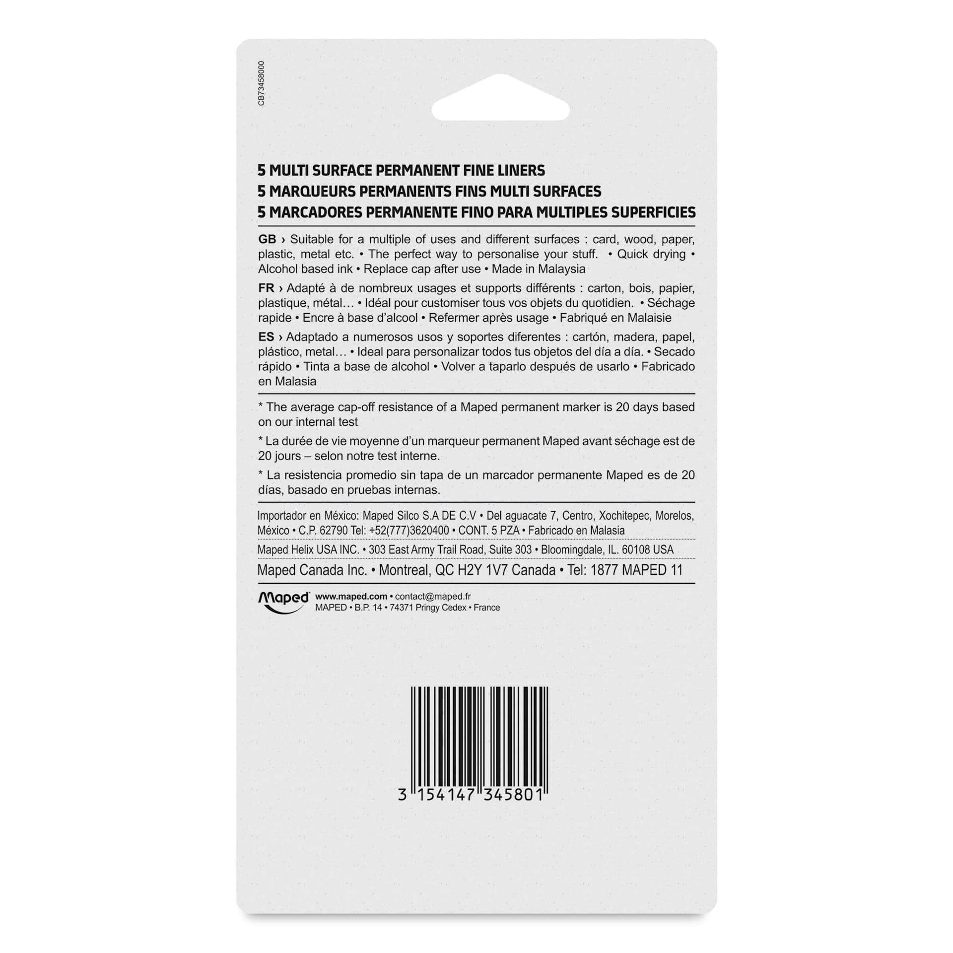 Maped Custom Permanent Markers - Black, Pkg of 5, back of the packaging