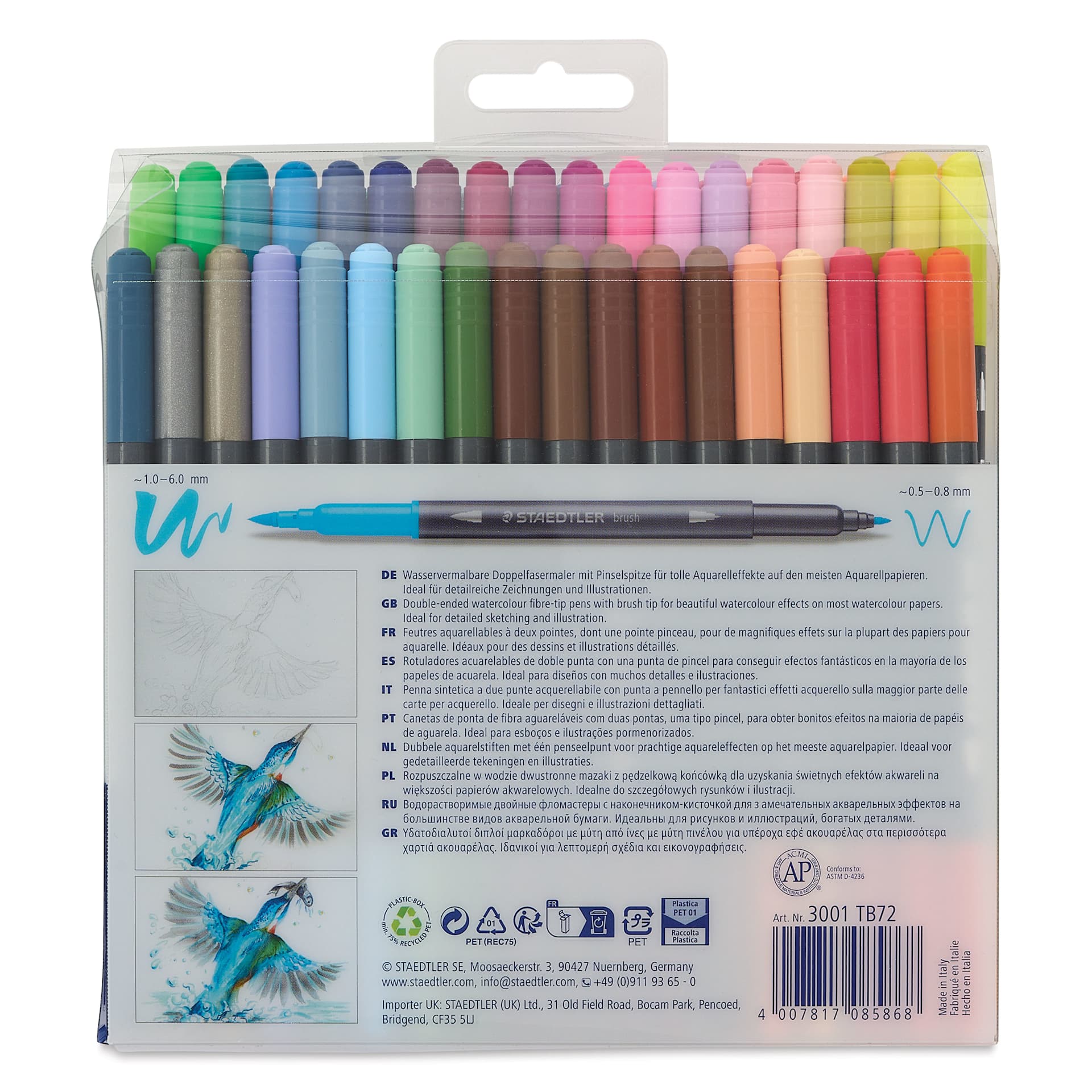 Staedtler Double-Ended Watercolor Brush Pens - Assorted, Set of 72, back of packaging