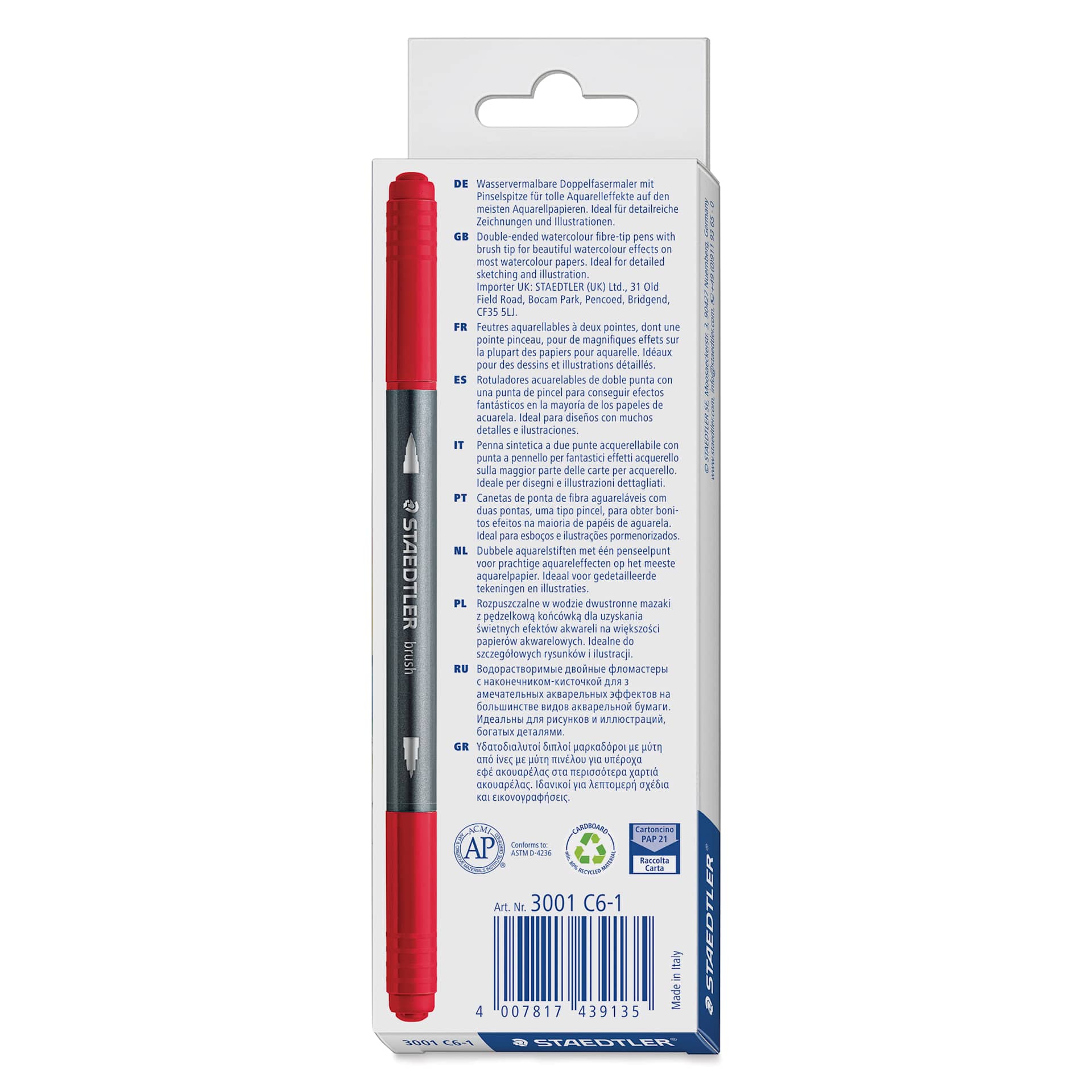 Staedtler Double-Ended Watercolor Brush Pens - Europe, Set of 6, back of the packaging