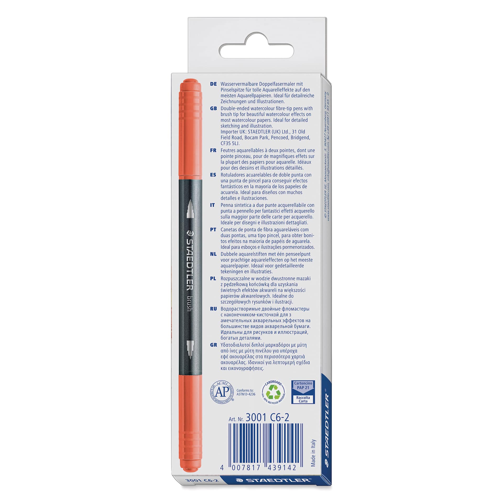 Staedtler Double-Ended Watercolor Brush Pens - Australia, Set of 6, back of the packaging