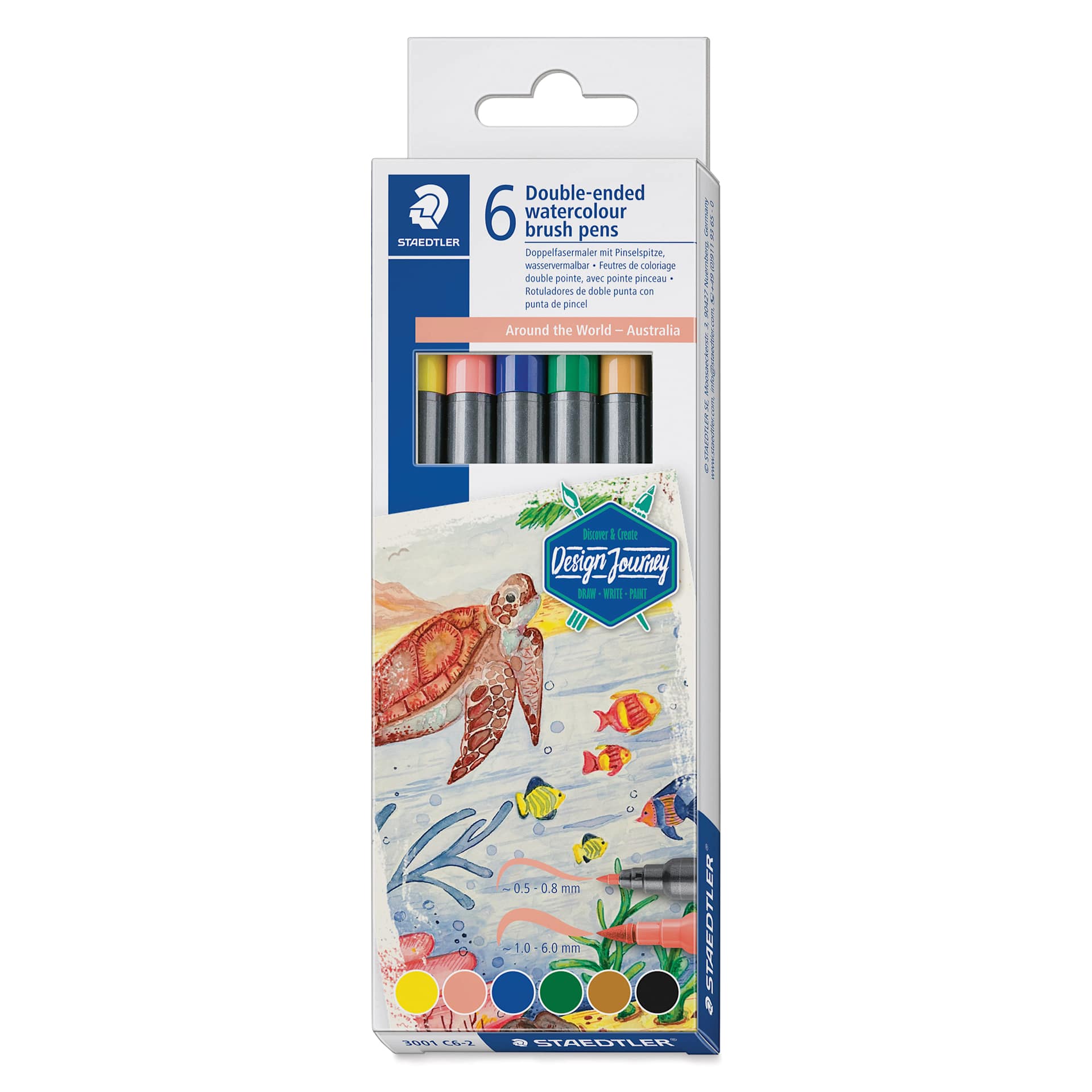Staedtler Double-Ended Watercolor Brush Pens - Australia, Set of 6, front of the packaging