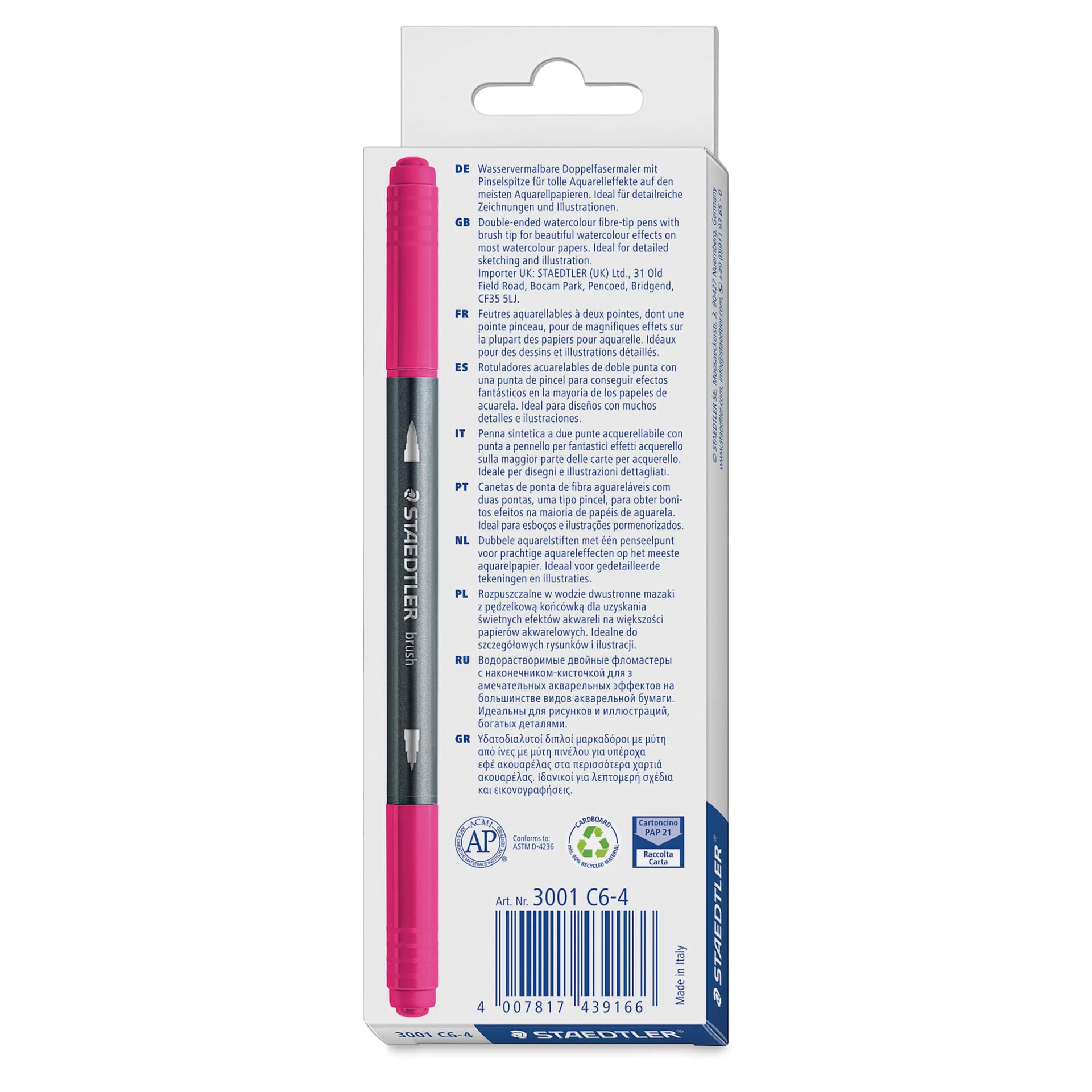 Staedtler Double-Ended Watercolor Brush Pens - South America, Set of 6, back of the packaging