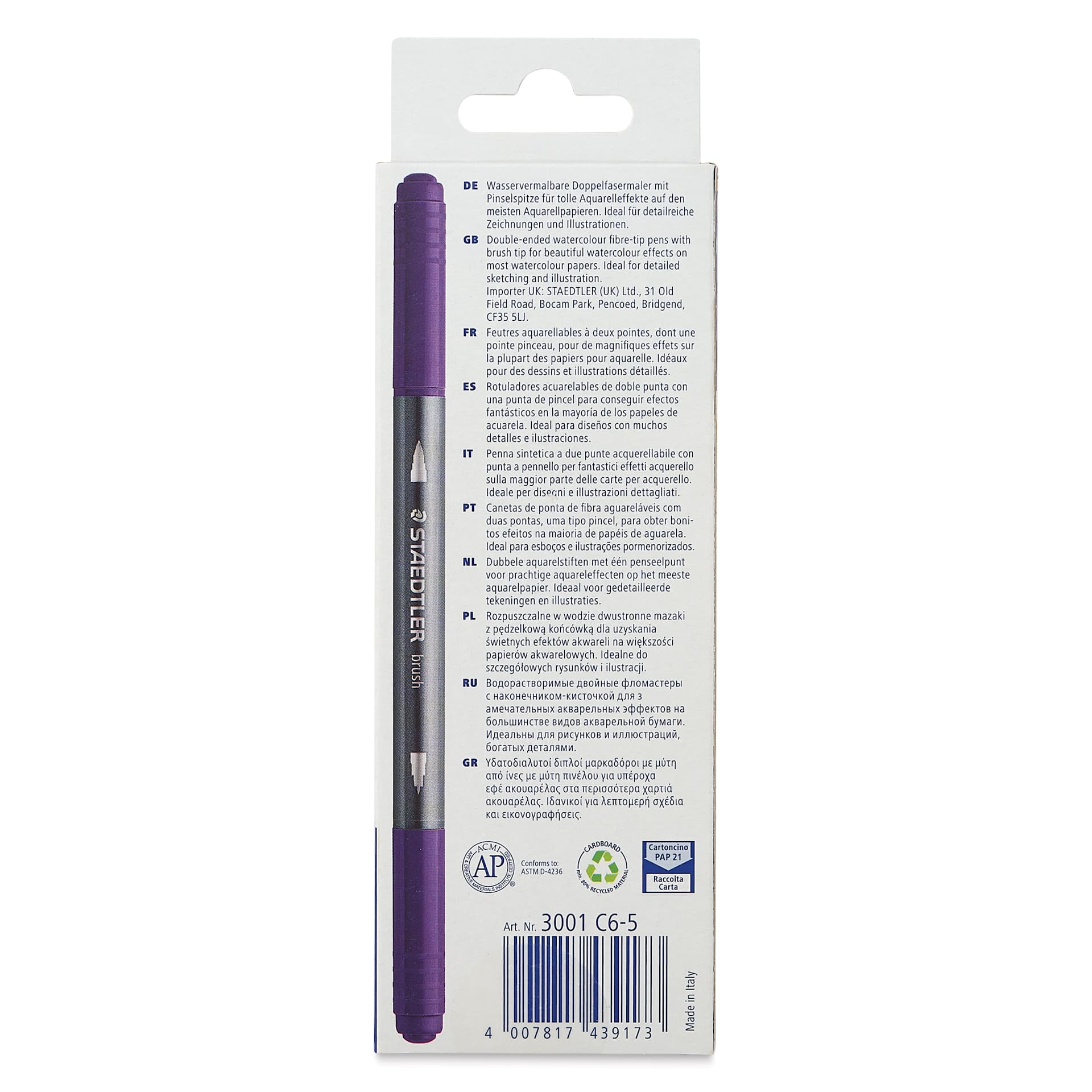 Staedtler Double-Ended Watercolor Brush Pens - Asia, Set of 6, back of packaging