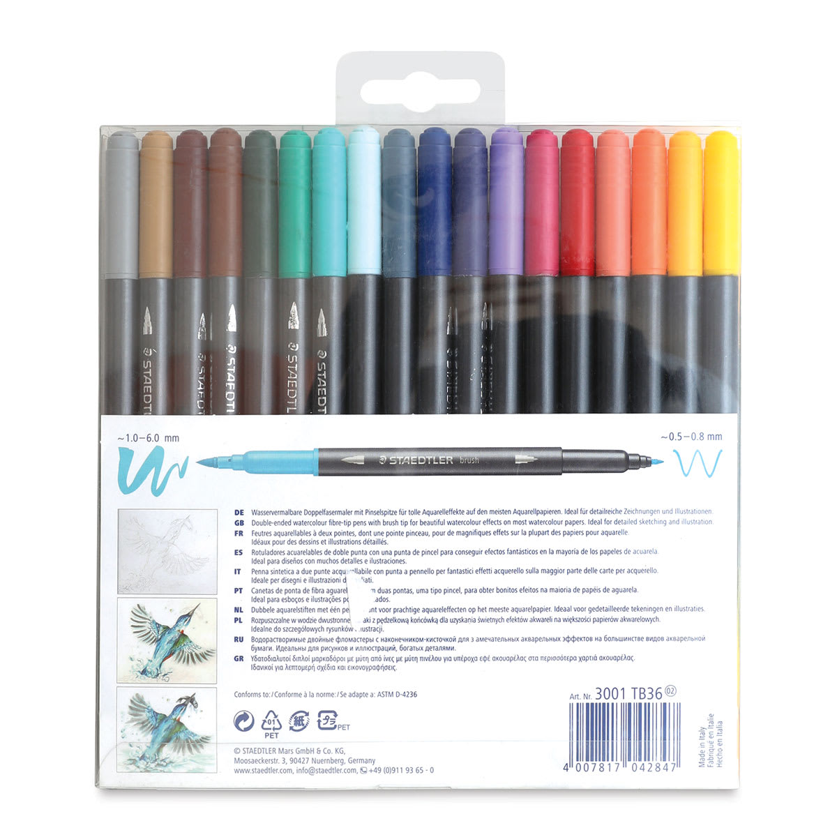 Staedtler Double-Ended Watercolor Brush Pens - Set of 36 (back of package)