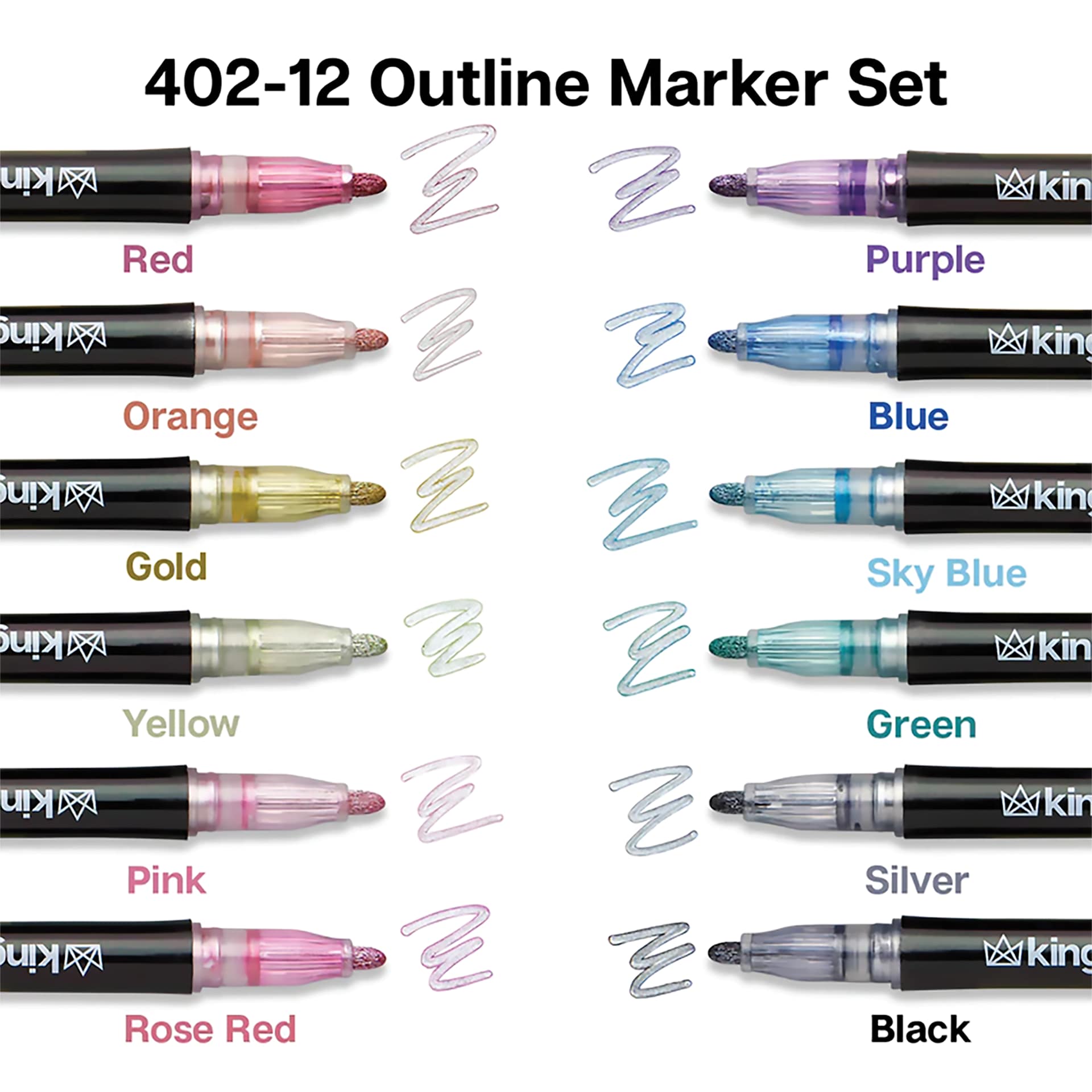 Kingart Outline Metallic Markers - Metallic Silver, Set of 12, color swatches