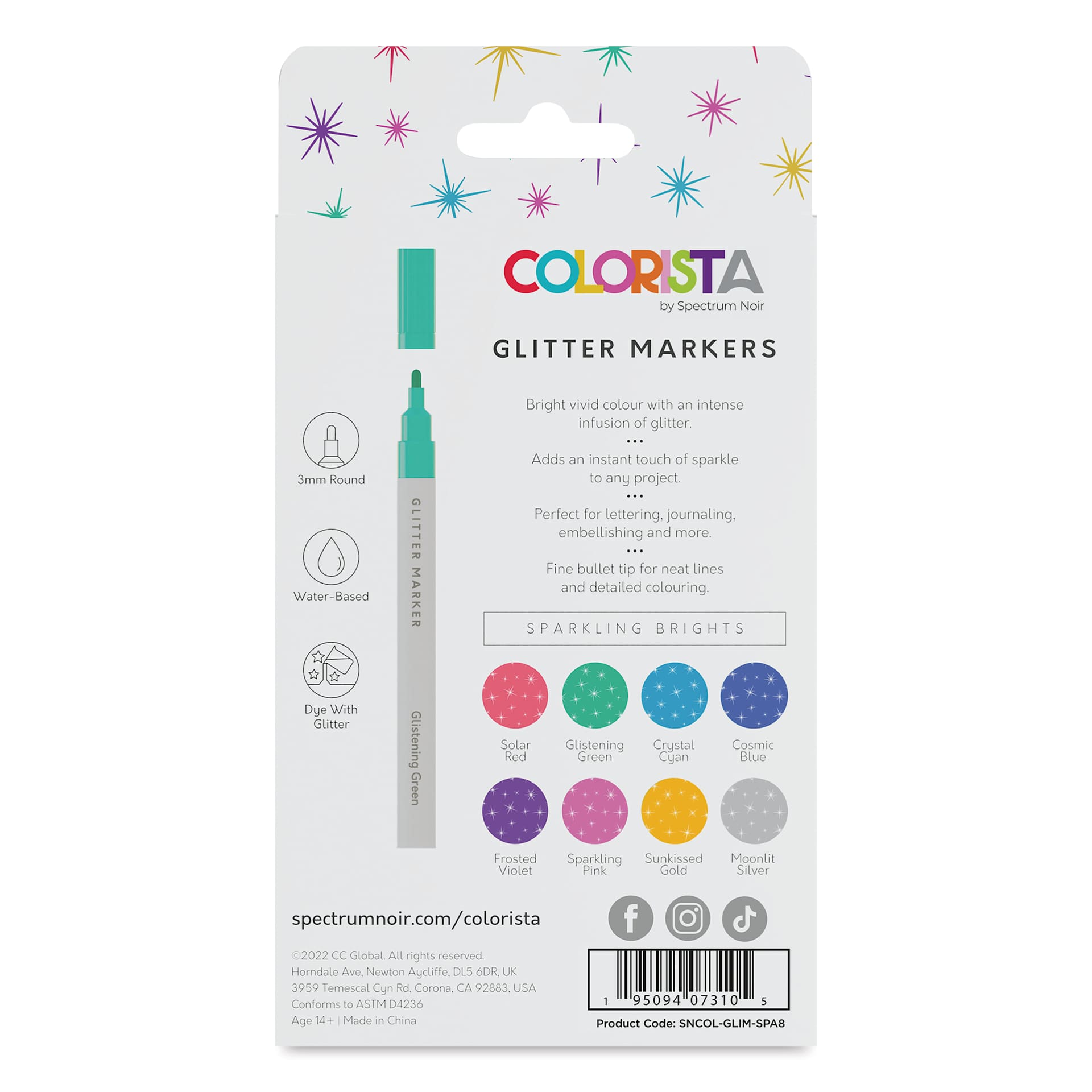 Colorista Glitter Markers - Sparkling Brights, Set of 8, back of the packaging