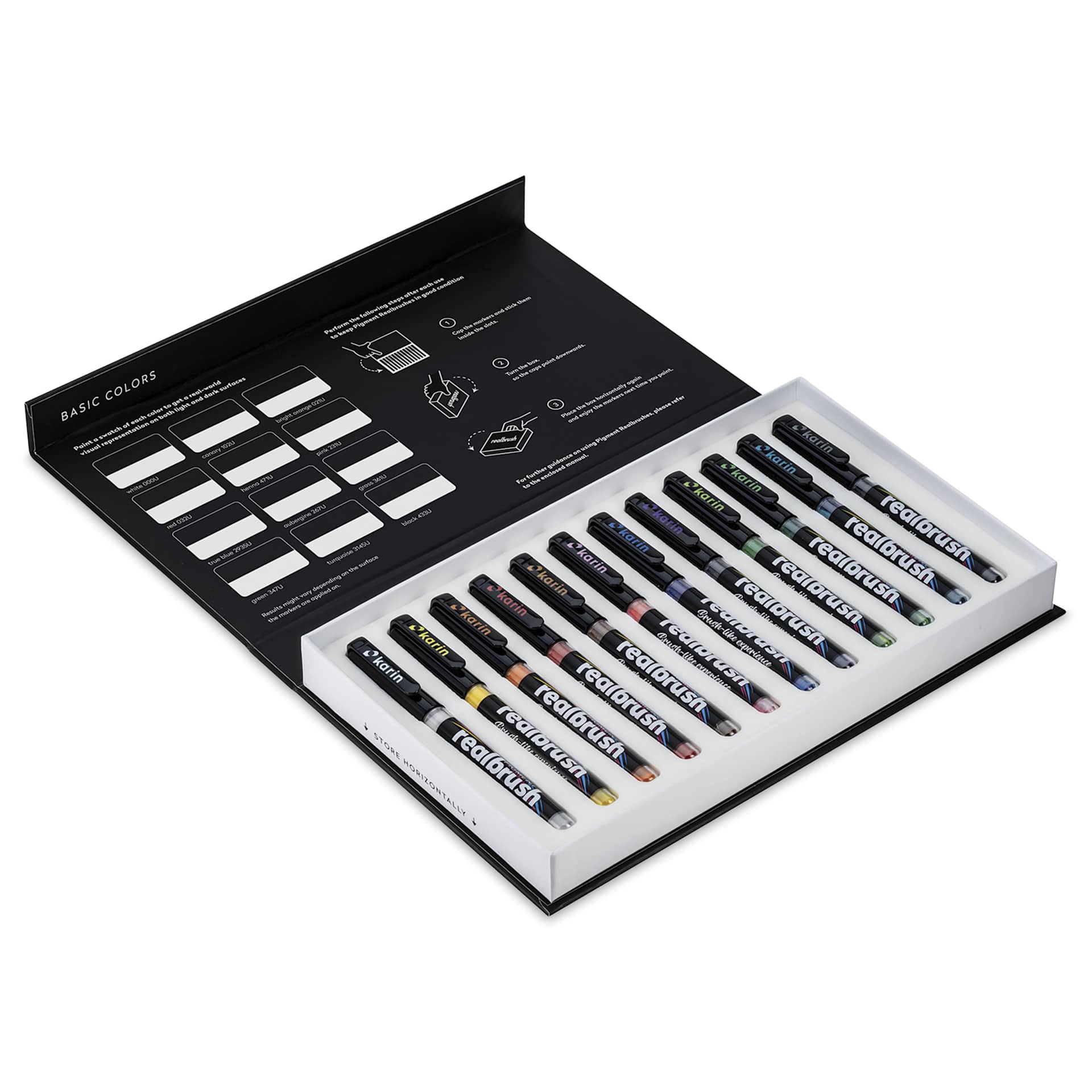 Karin Realbrush Pigment Markers - Basic Colors, Set of 12, markers shown inside the box with lid open