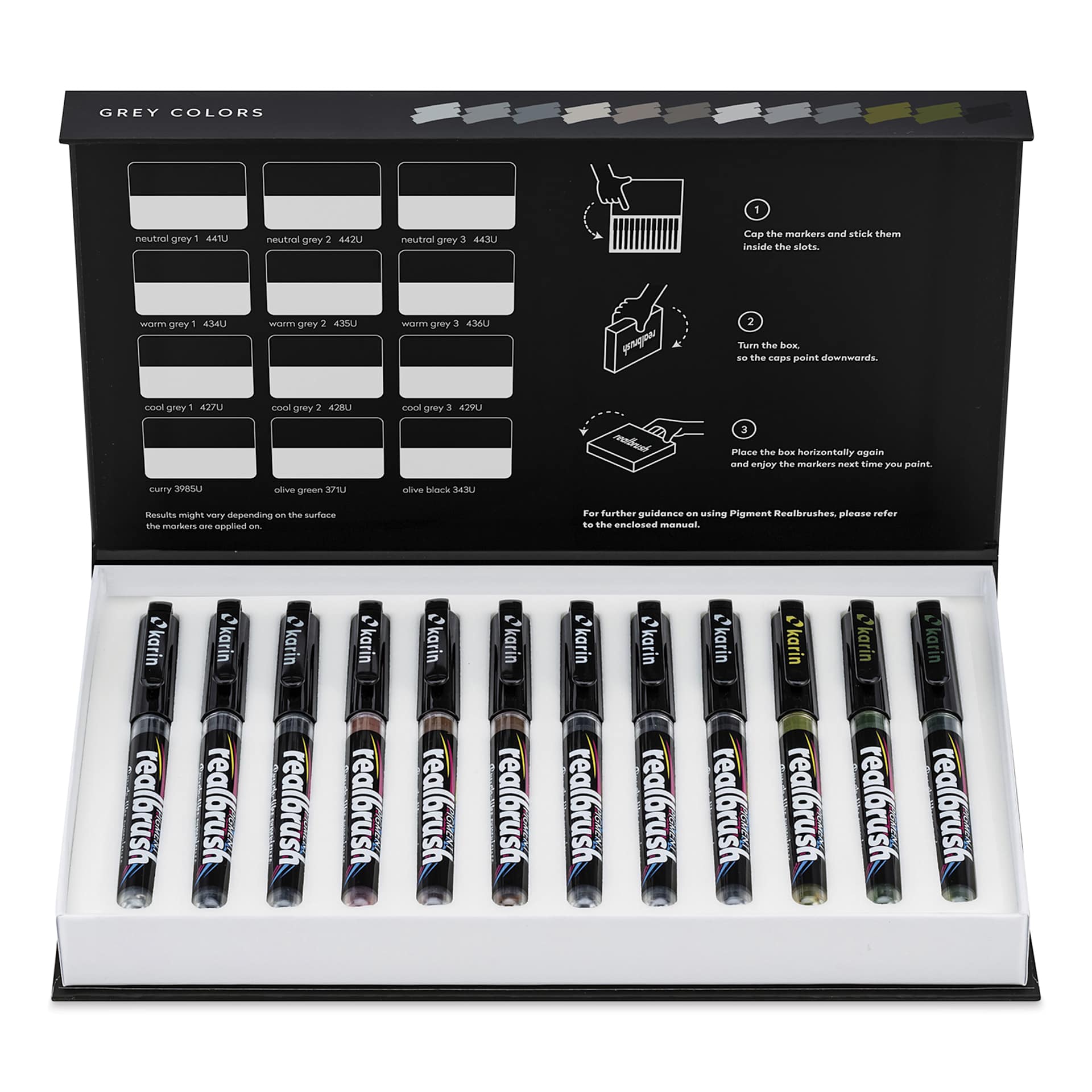 Karin Realbrush Pigment Markers - Grey Colors, Set of 12, markers inside the box