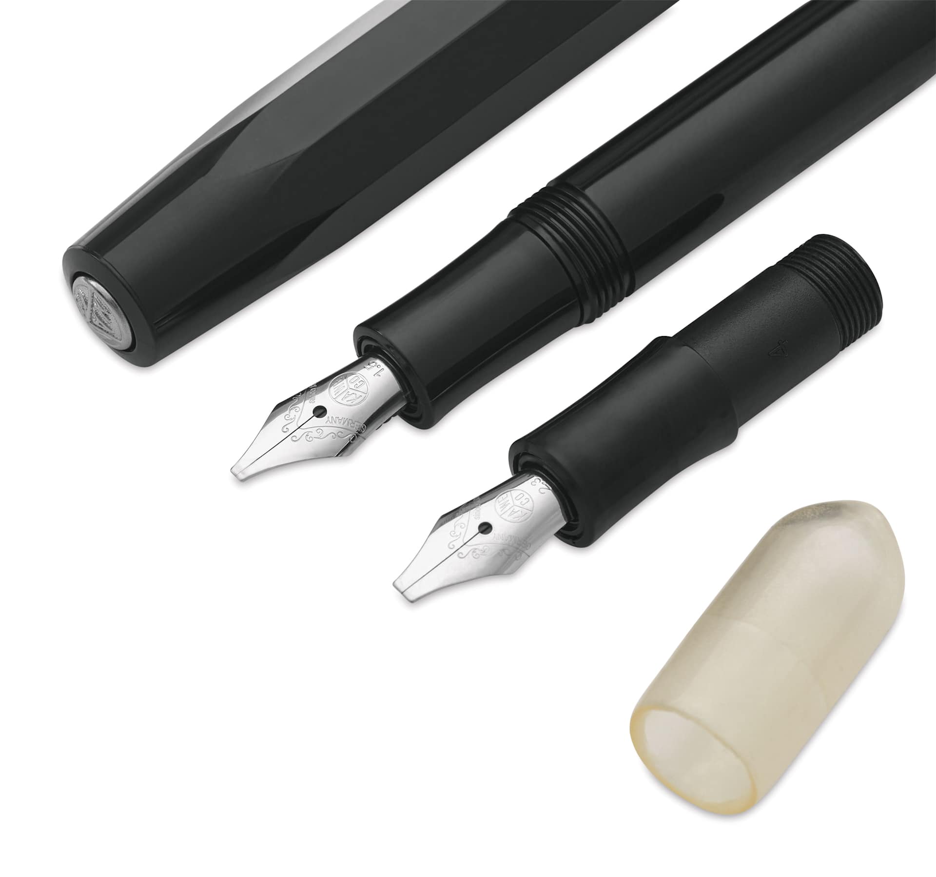 Kaweco Sport Calligraphy Pen - Mini - close-up of pen cap, nibs, and protective cap