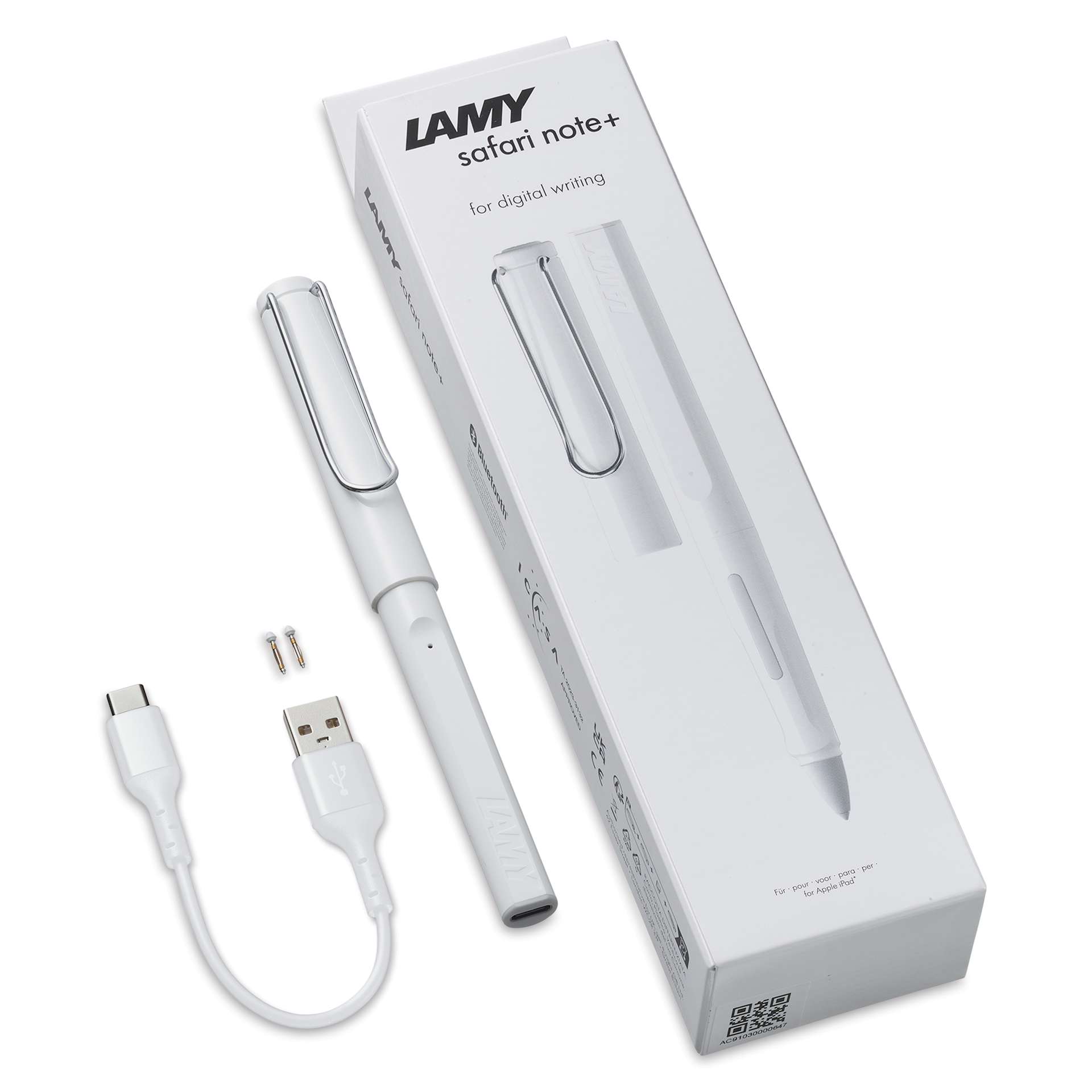 Lamy Safari Note+ Stylus Pen - White Gloss, contents laid outside of the packaging