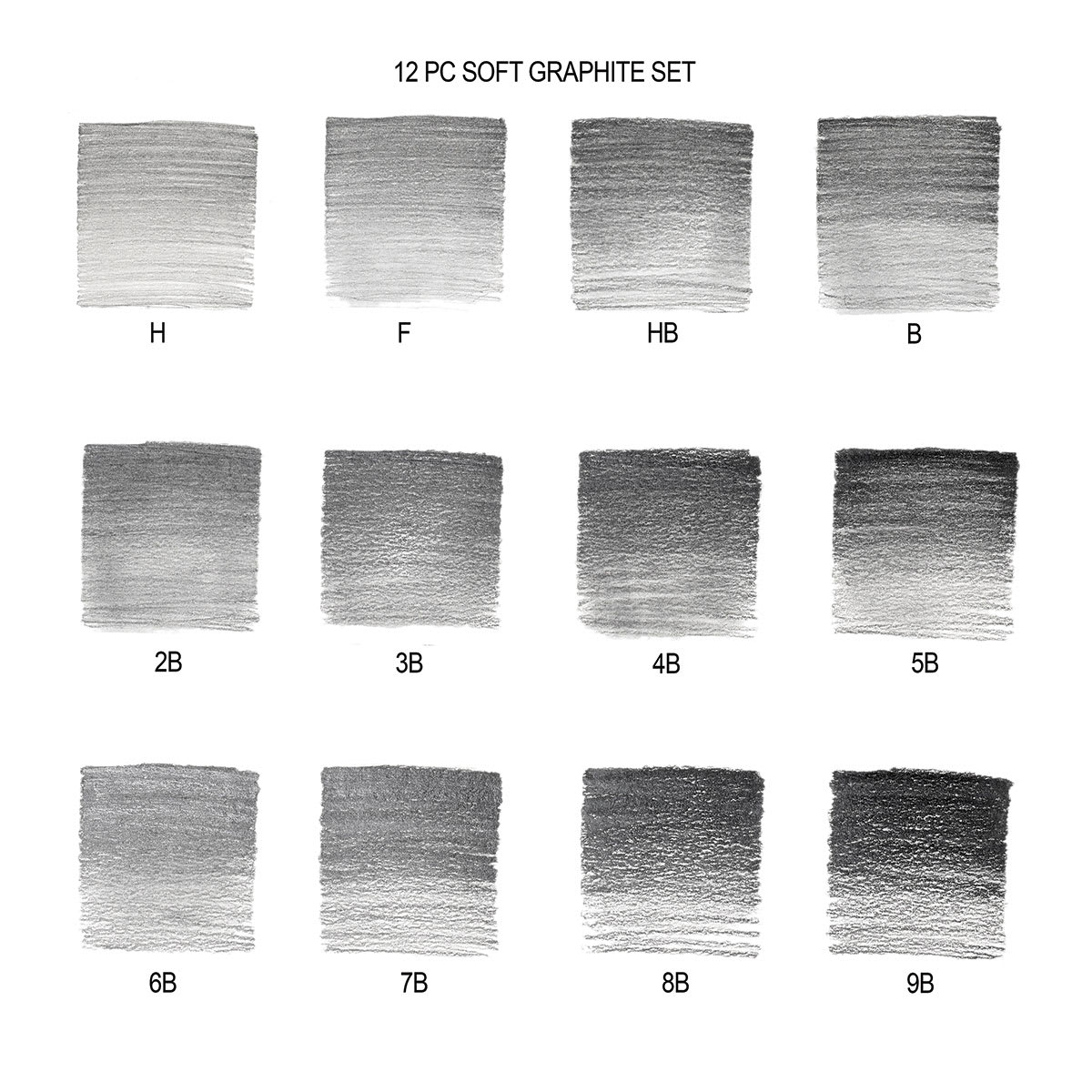 Winsor & Newton Studio Collection Graphite Pencil Set - Set of 12, Soft Hardness (example of included pencil gradations)