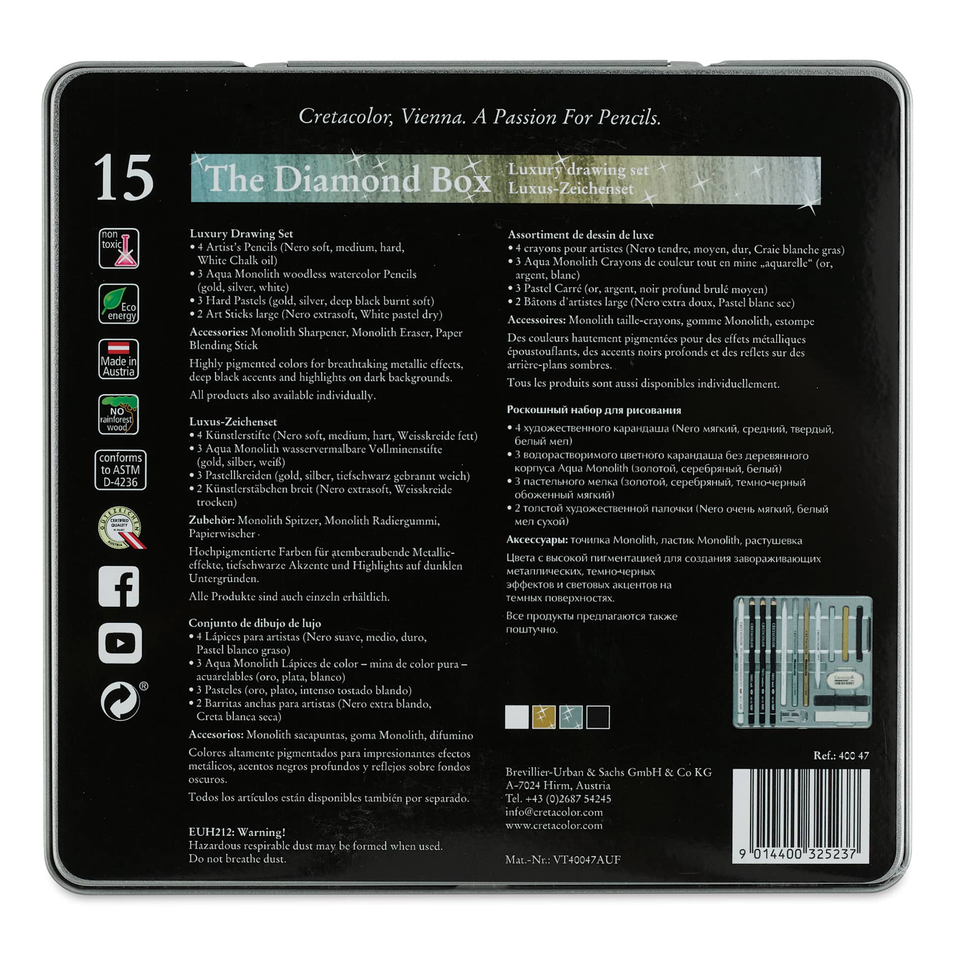 Cretacolor The Diamond Box Luxury Drawing Set - Set of 15 (back of package)
