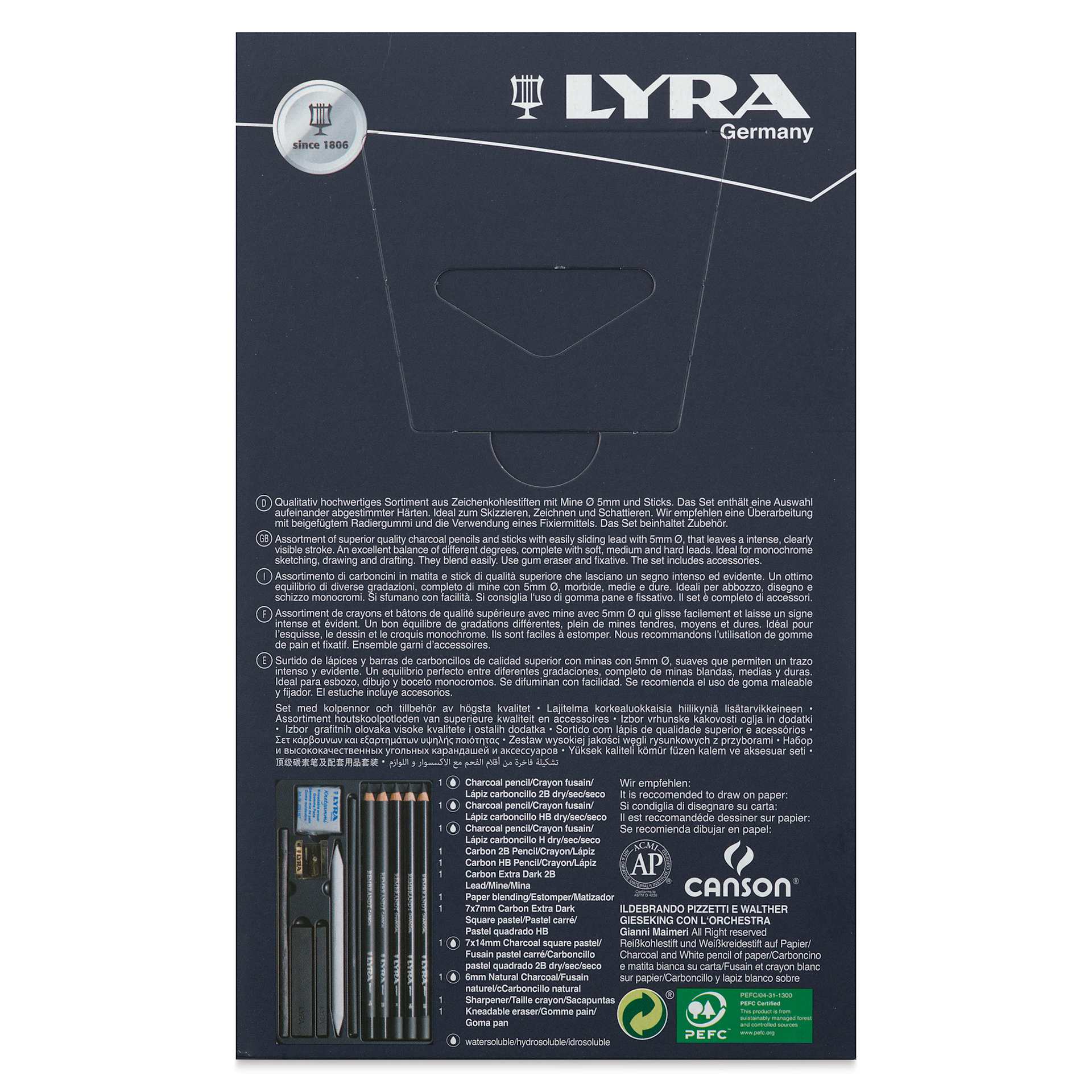 Lyra Rembrandt Charcoal Set, back of the packaging