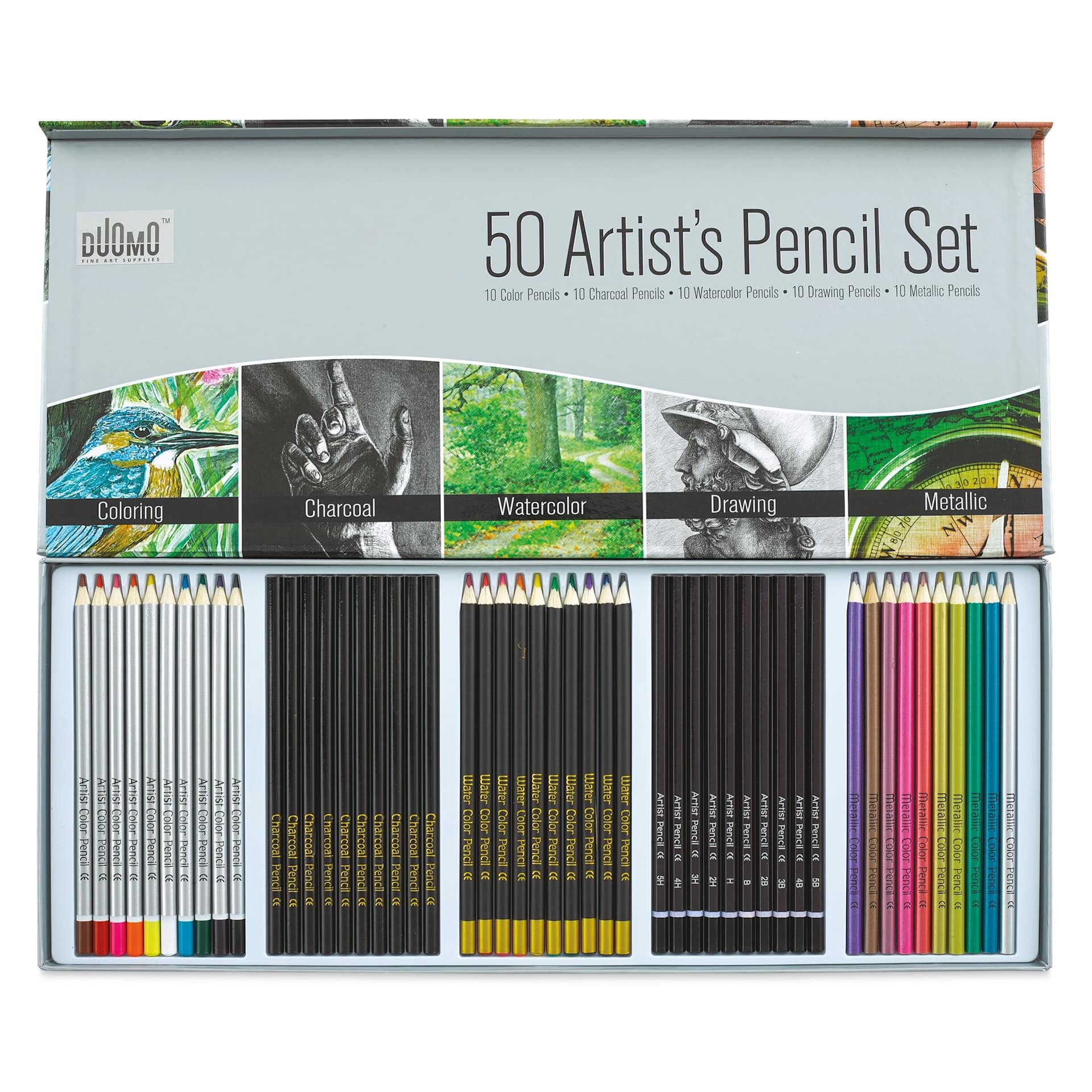 Duomo Artist's Mixed Media Pencils - Set of 50 (close-up of open box)