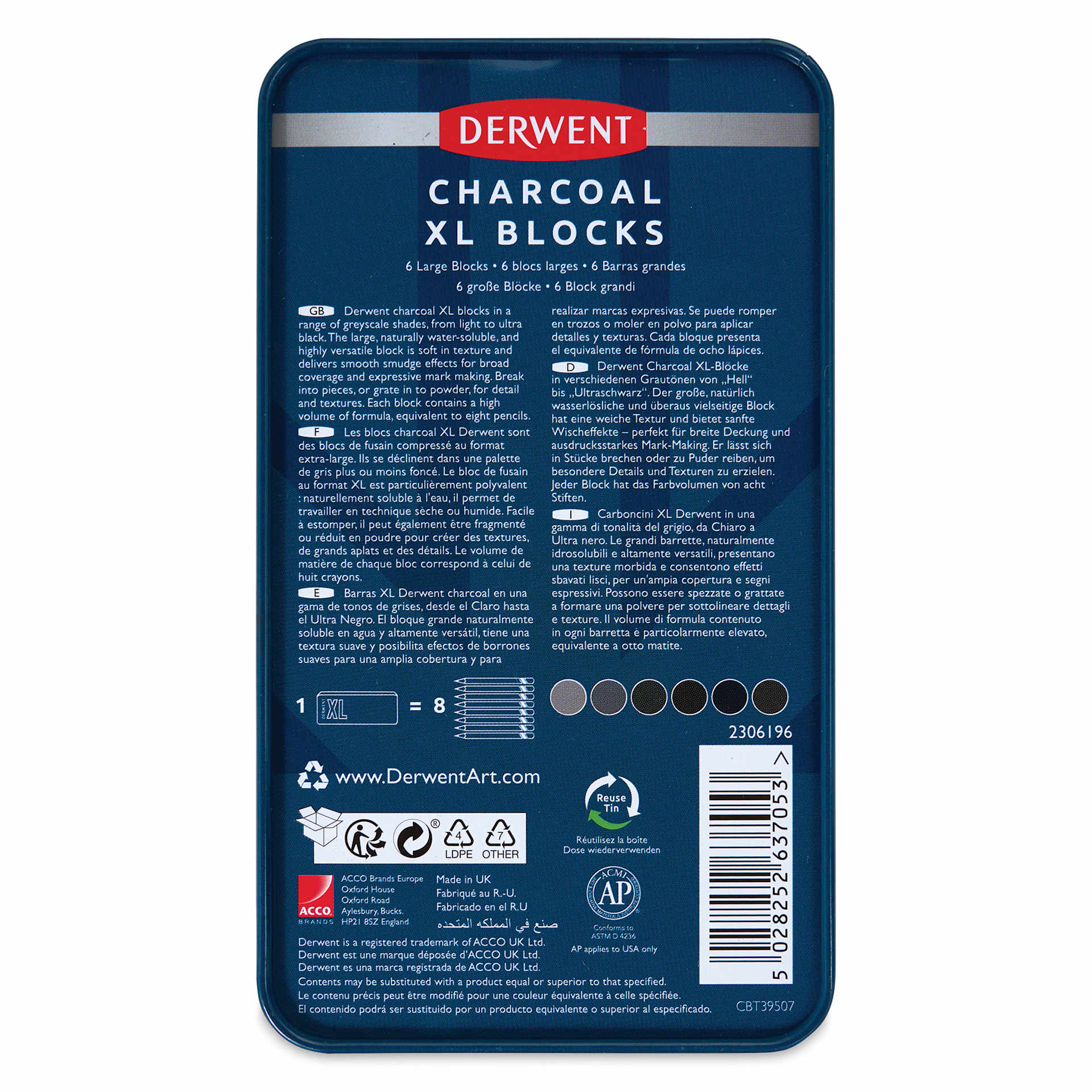 Derwent Charcoal XL Blocks - Assorted, Set of 6, back of the packaging