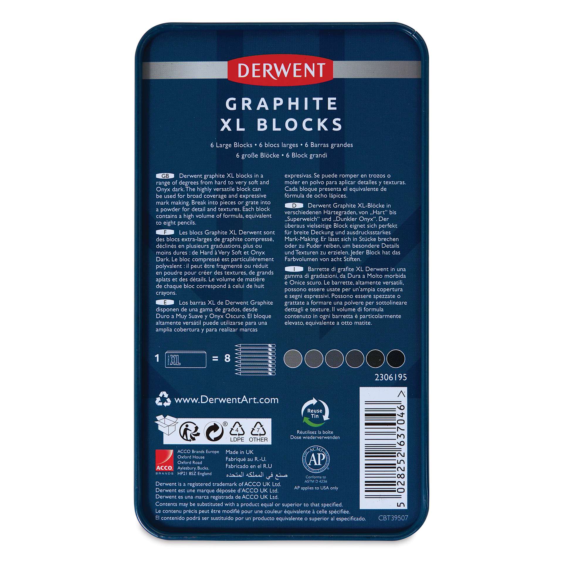 Derwent Watersoluble Graphite XL Blocks - Assorted, Set of 6, back of the packaging