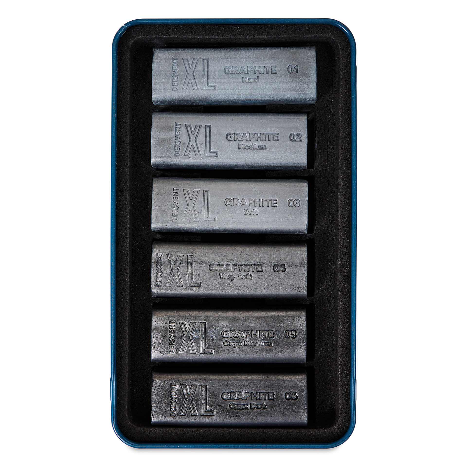 Derwent Watersoluble Graphite XL Blocks - Assorted, Set of 6, contents shown inside the tin case