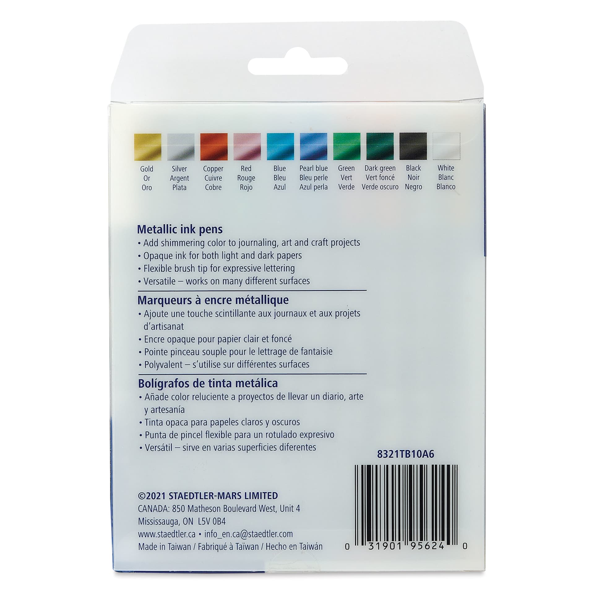 Staedtler Metallic Marker Set - Set of 10, Brush Nib, back of packaging