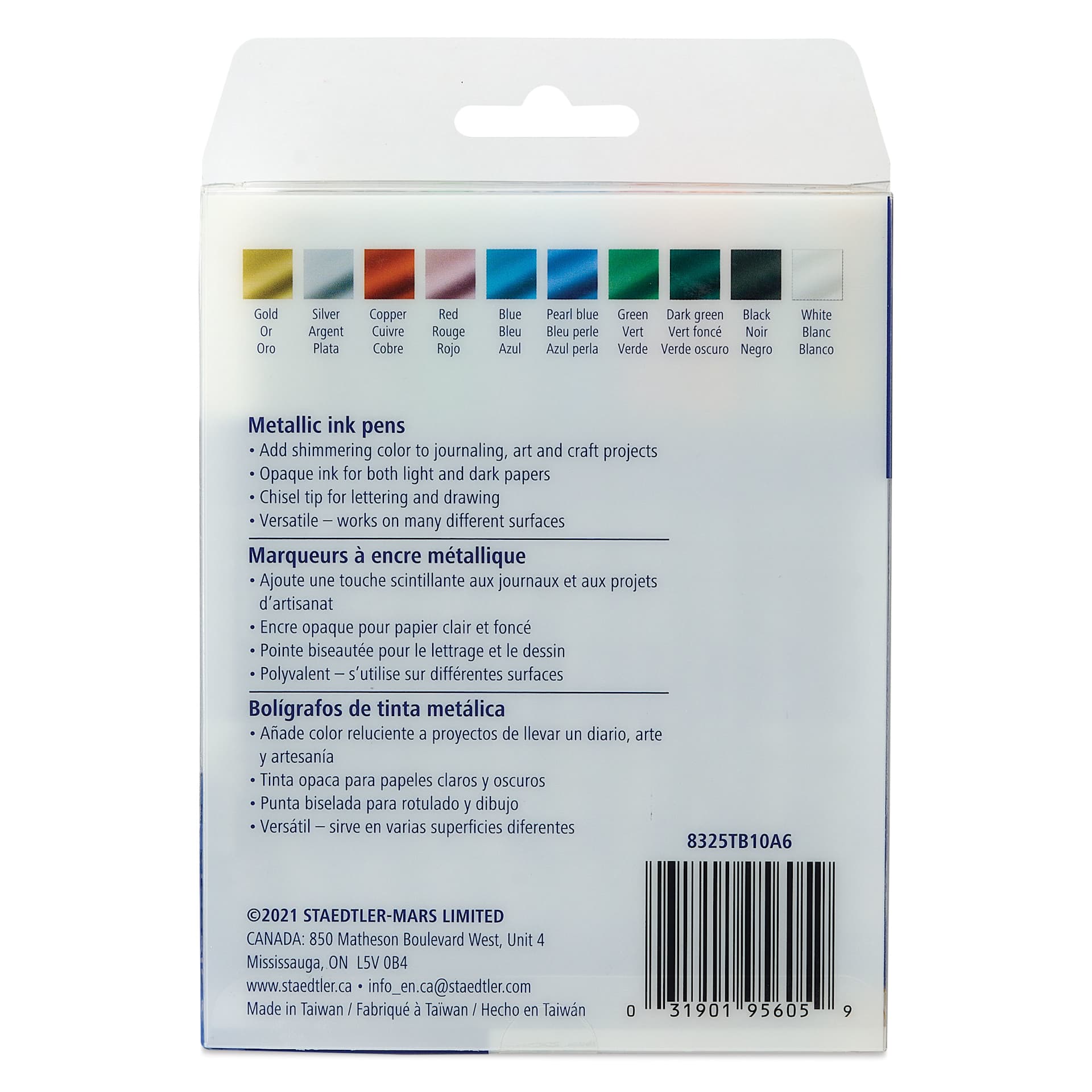 Staedtler Metallic Marker Set - Set of 10, Calligraphy Nib, back of packaging