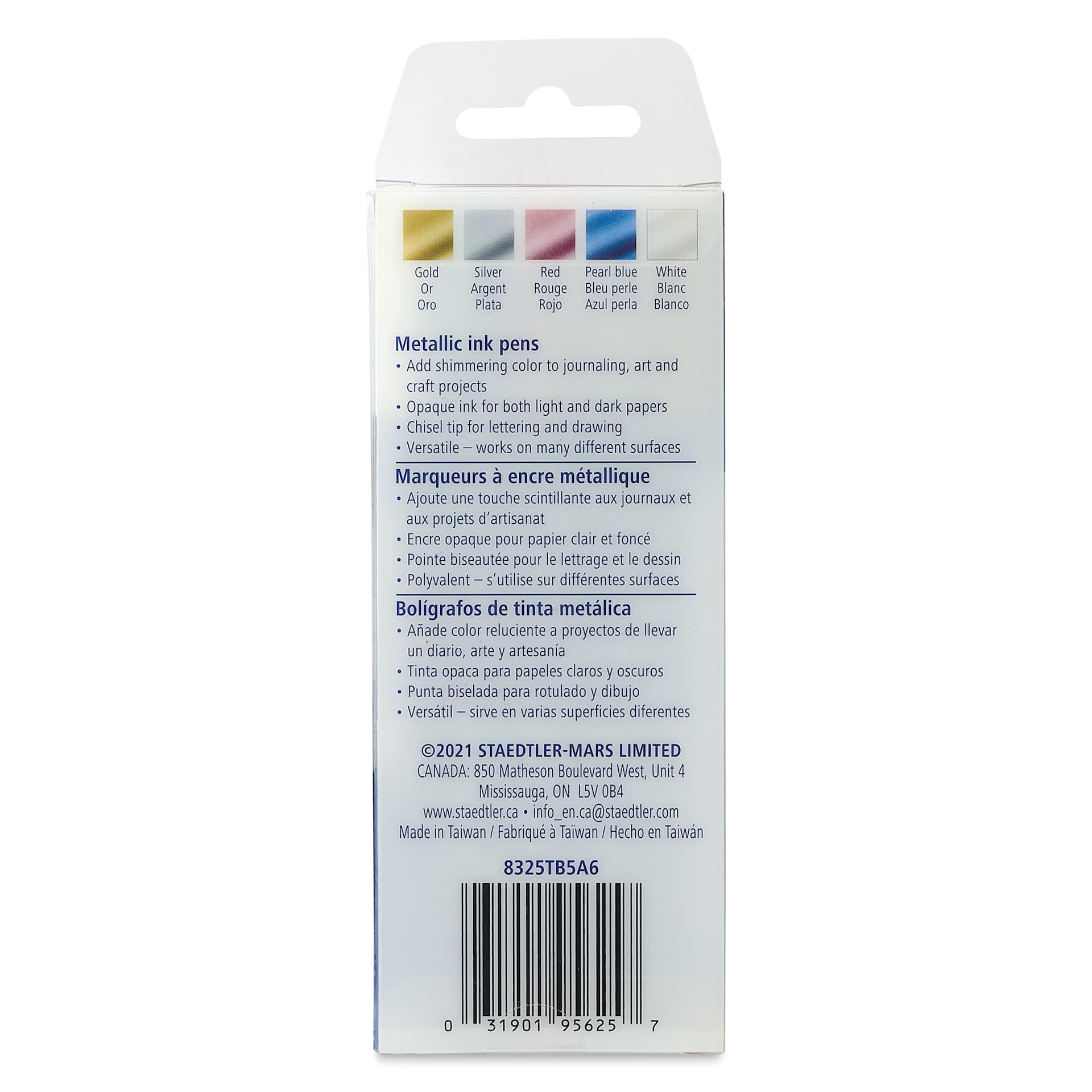 Staedtler Metallic Marker Set - Set of 5, Calligraphy Nib, back of packaging