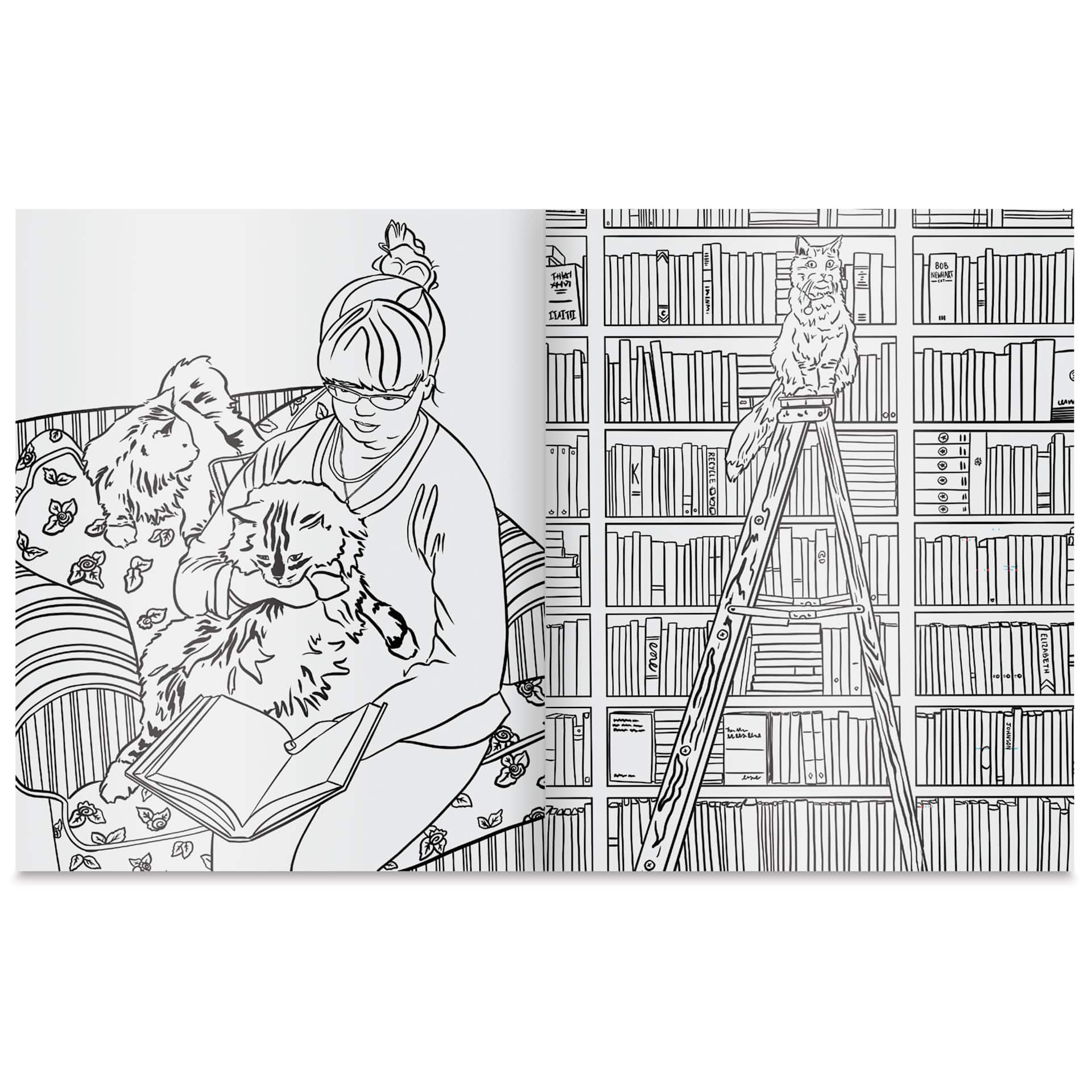 Women Reading with Cats Coloring & Activity Book - Paperback, 128 Pages, cat in library