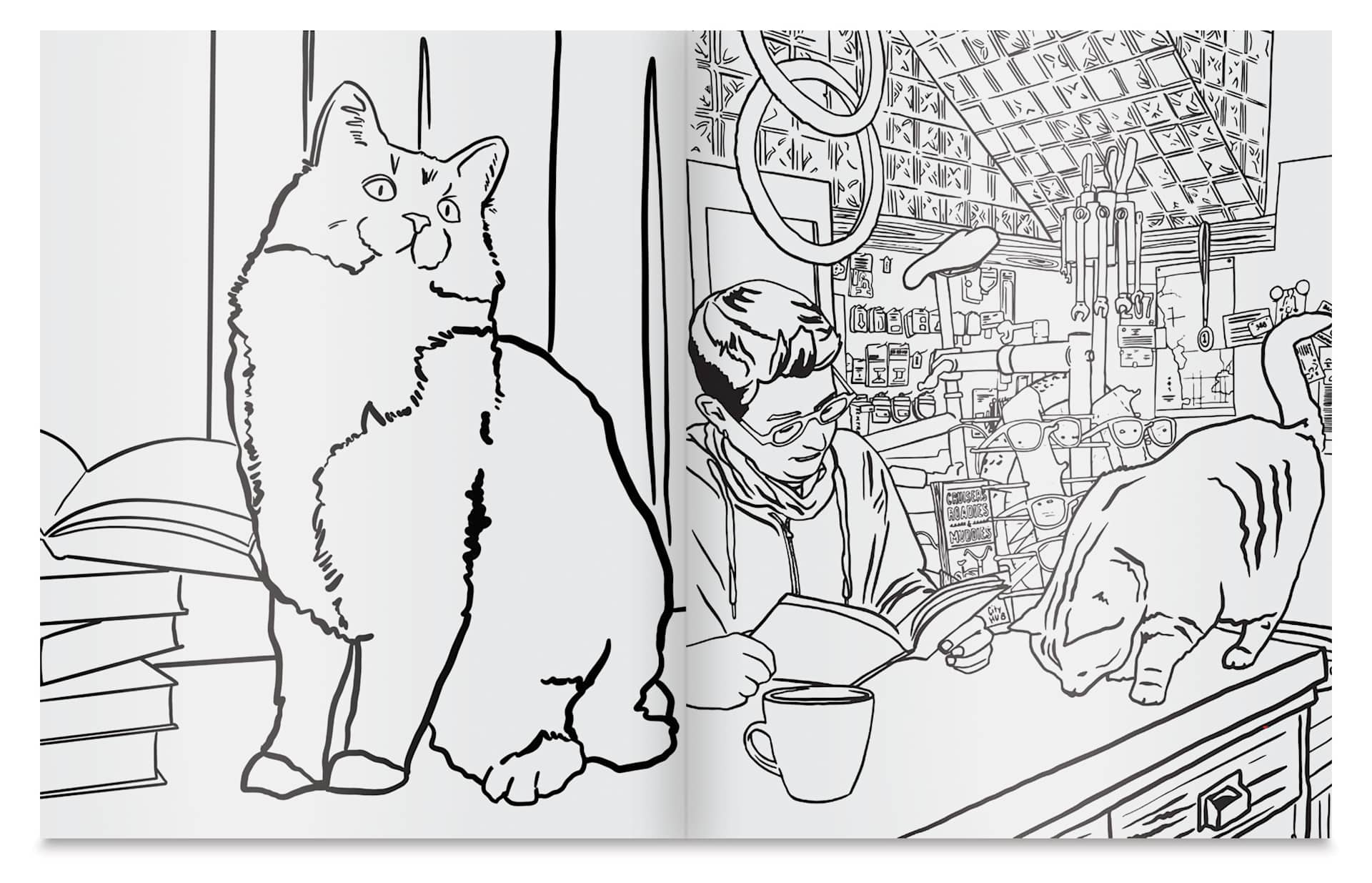 Women Reading with Cats Coloring & Activity Book - Paperback, 128 Pages, cat in bike shop
