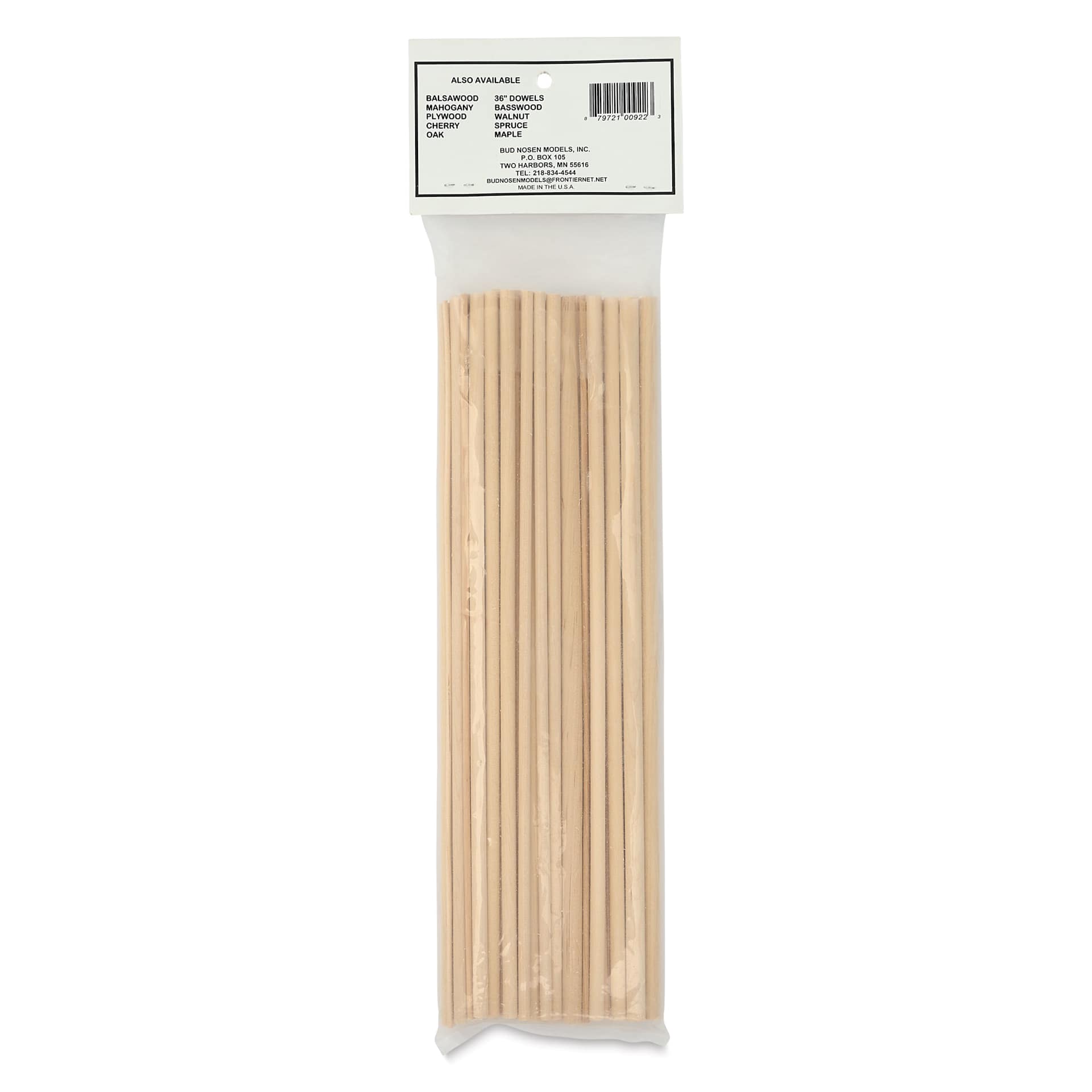 Bud Nosen Dowel Rods - 11-7/8", Assorted Diameters, Pkg of 40, back of packaging