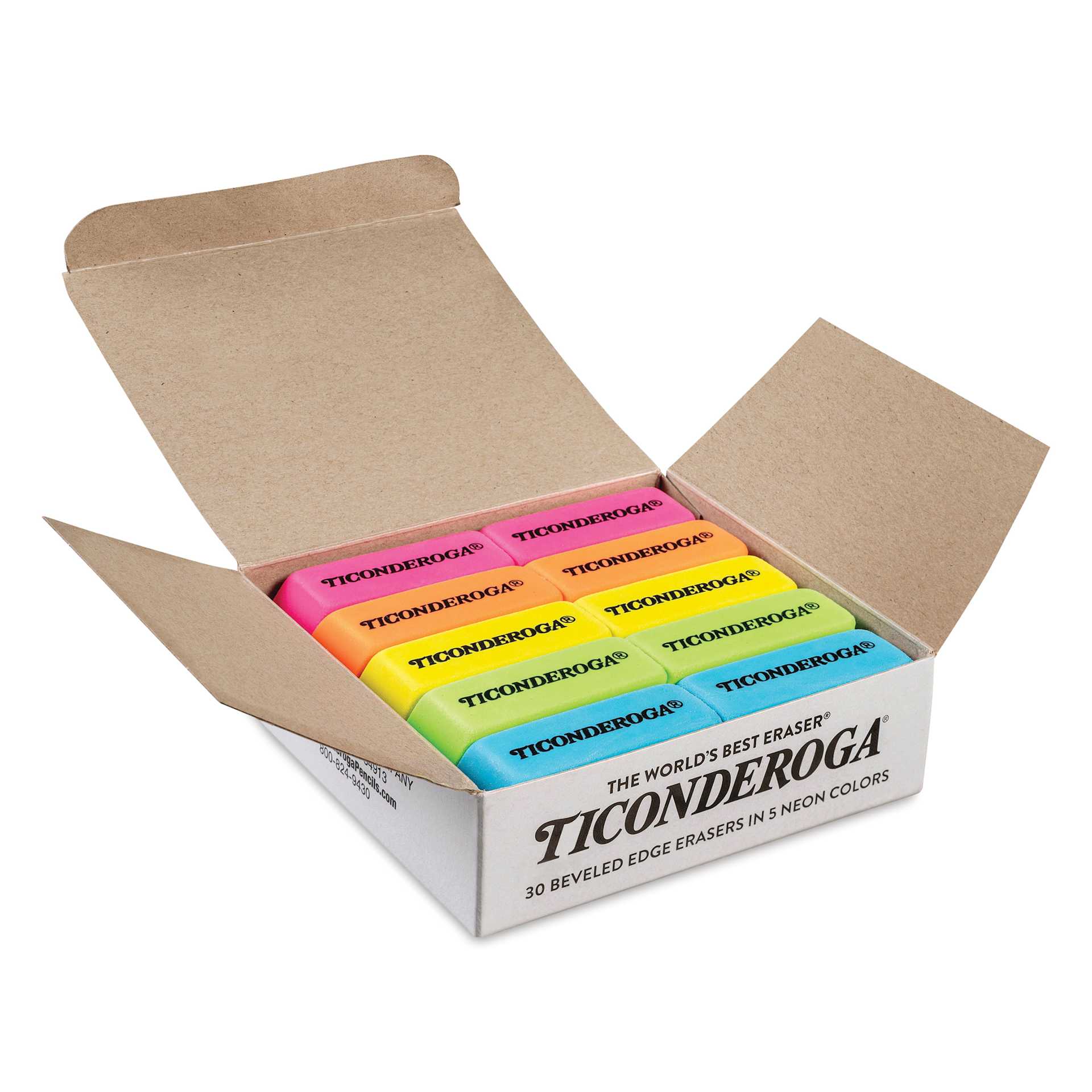 Dixon Ticonderoga Erasers - Box Set of 30, Neon Colors, open box showing contents