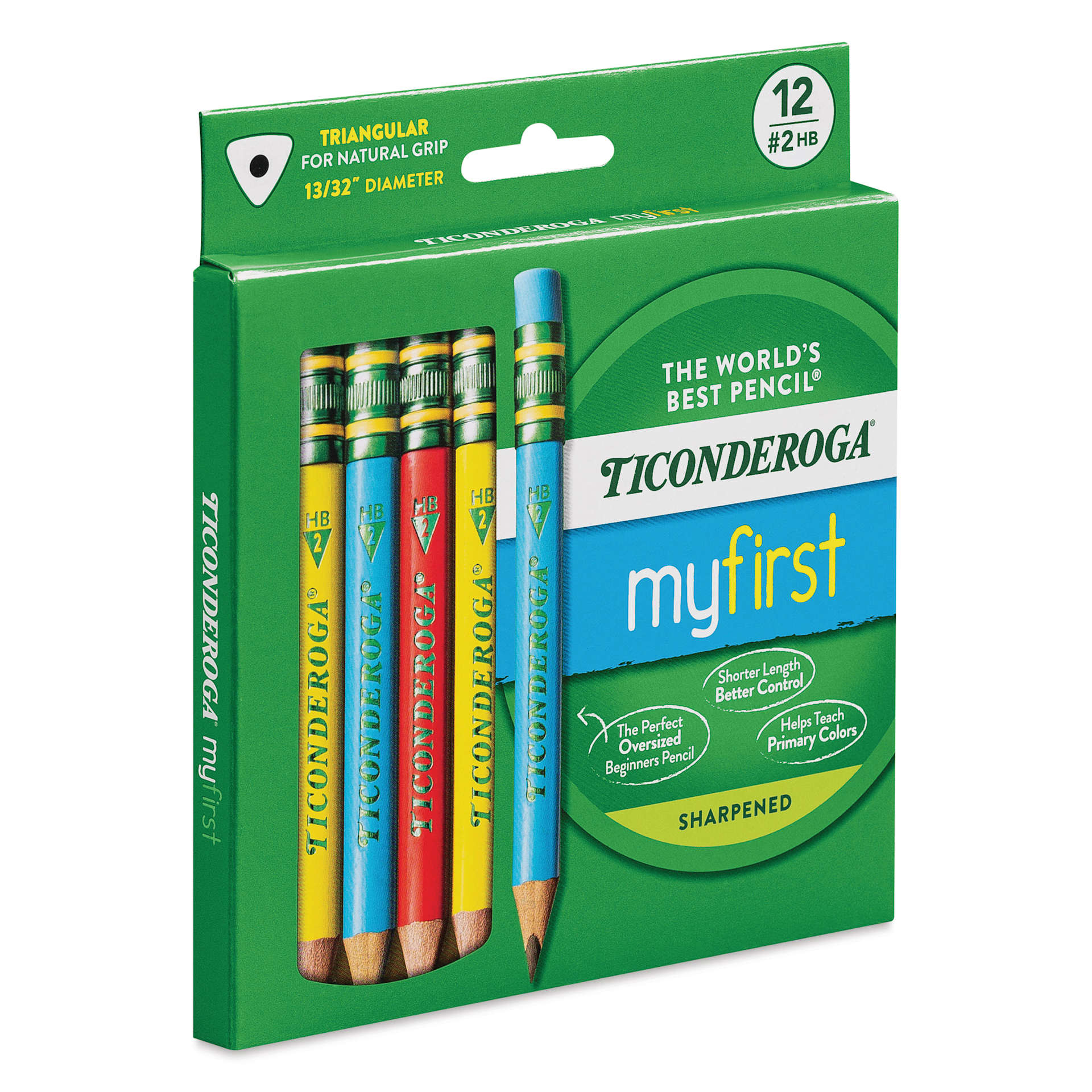 Dixon Ticonderoga My First Short Pencils - Set of 12, Red Yellow Blue, angled view