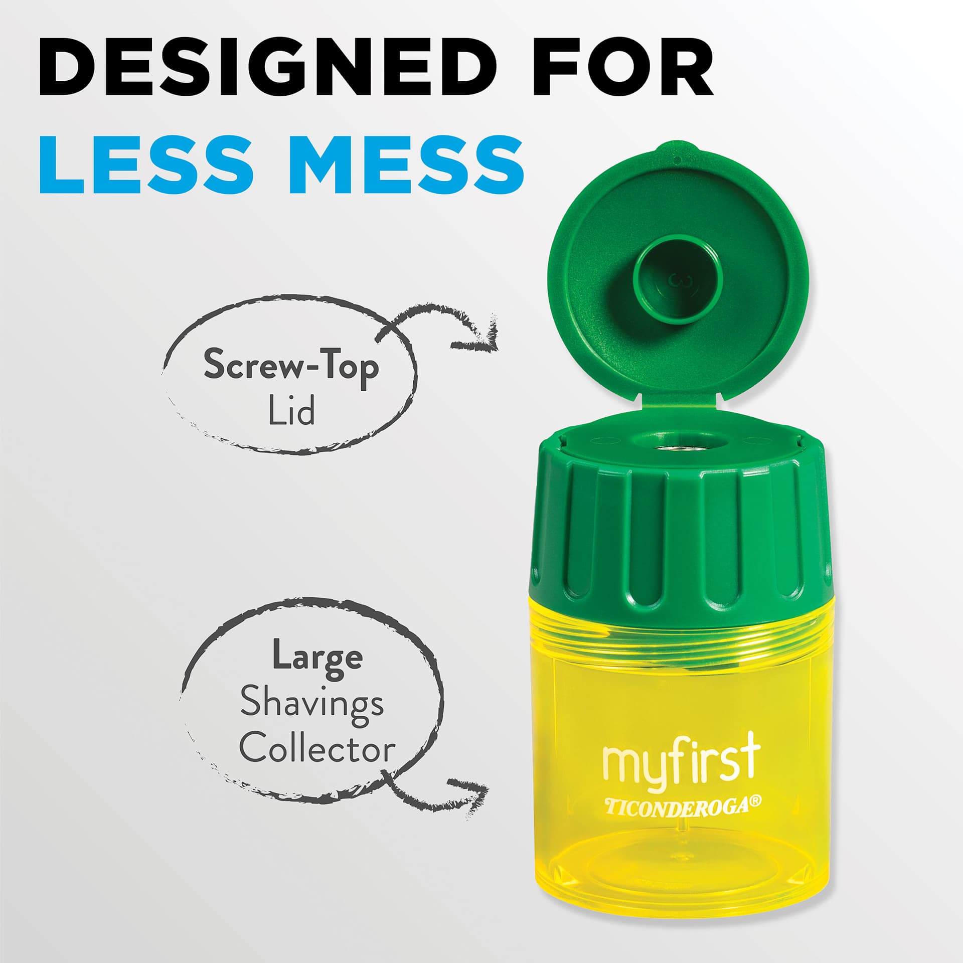 Designed for less mess. Screw-top lid. Large shavings collector.