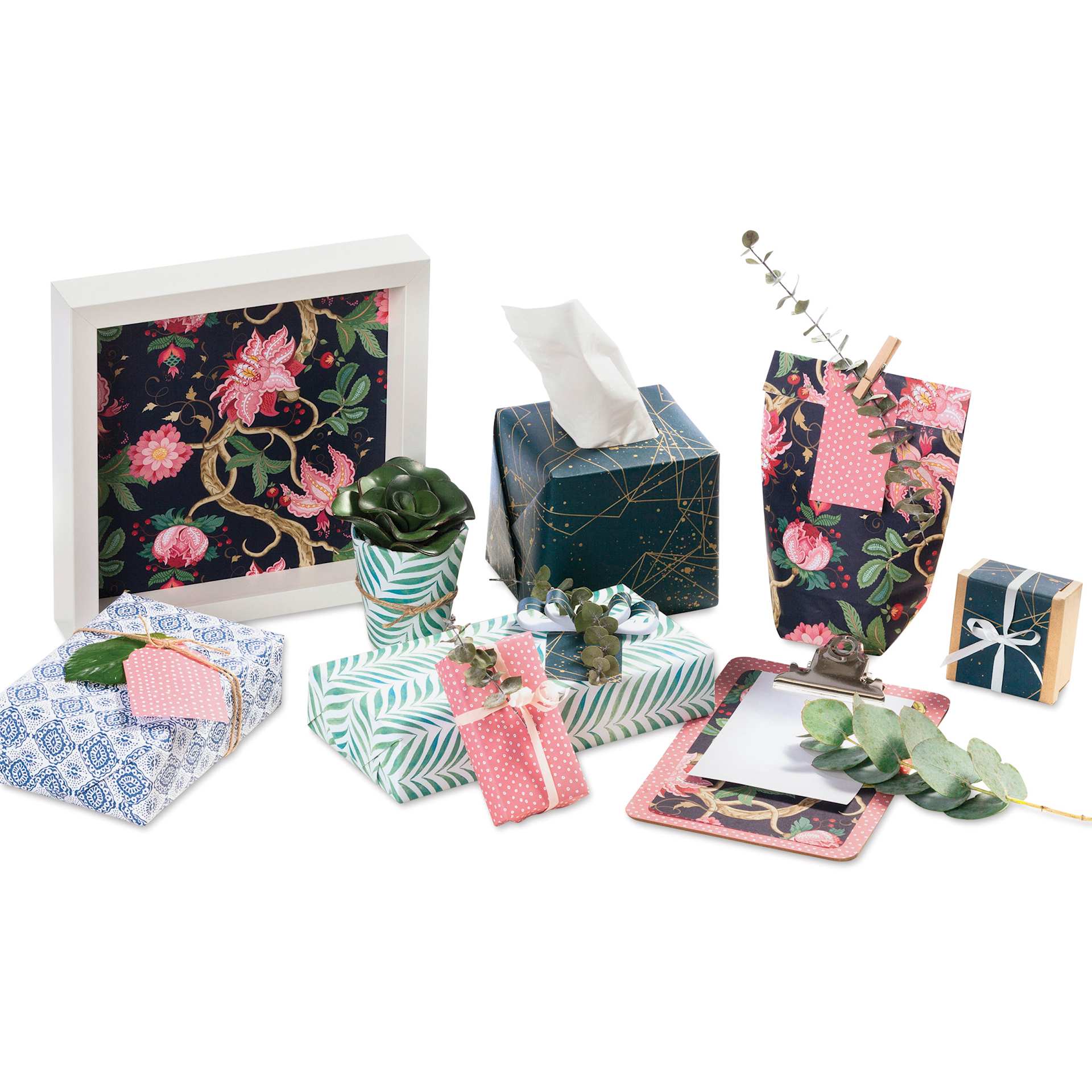 Folia Decorative Paper Pad - 7.6" x 9.9", Assorted, 10 Sheets, arrangement of craft examples