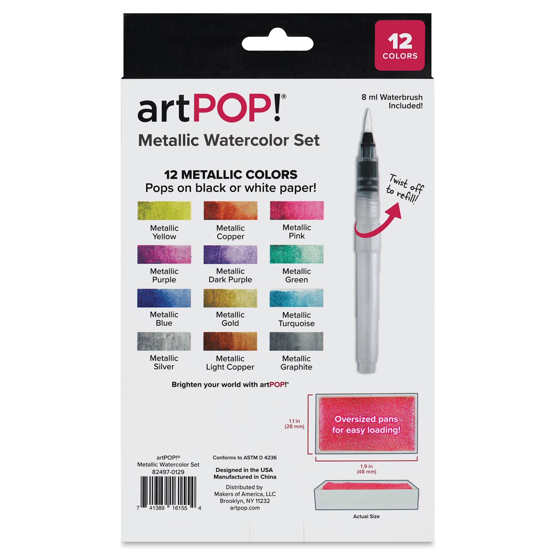 artPOP! Metallic Watercolor Paint Pan Set - Set of 12, Jumbo Pans, back of packaging