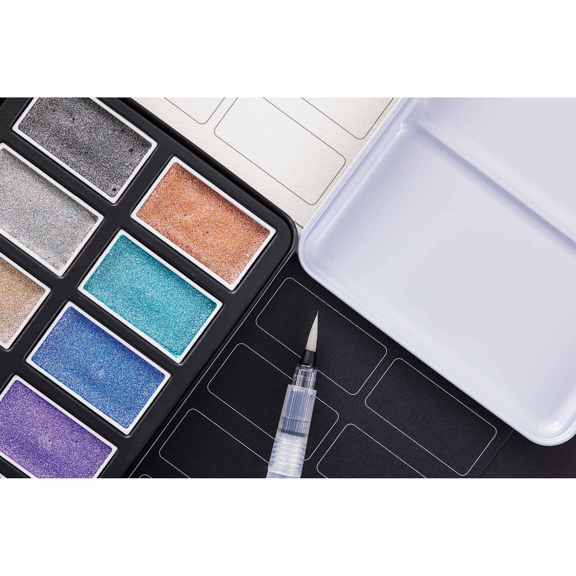 artPOP! Metallic Watercolor Paint Pan Set - Set of 12, Jumbo Pans, close-up of waterbrush and pans