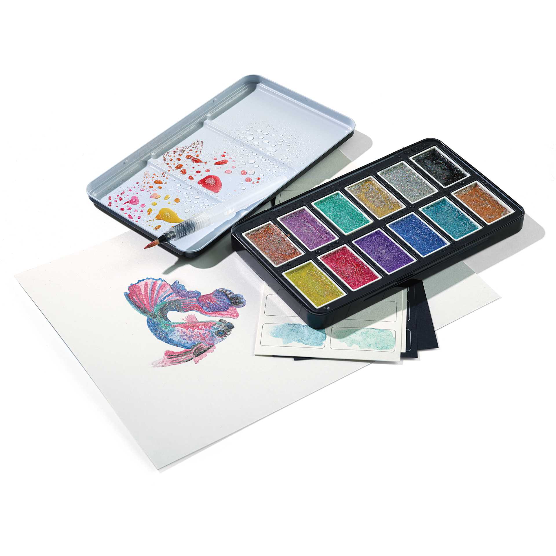 artPOP! Metallic Watercolor Paint Pan Set - Set of 12, Jumbo Pans, open packaging with painting