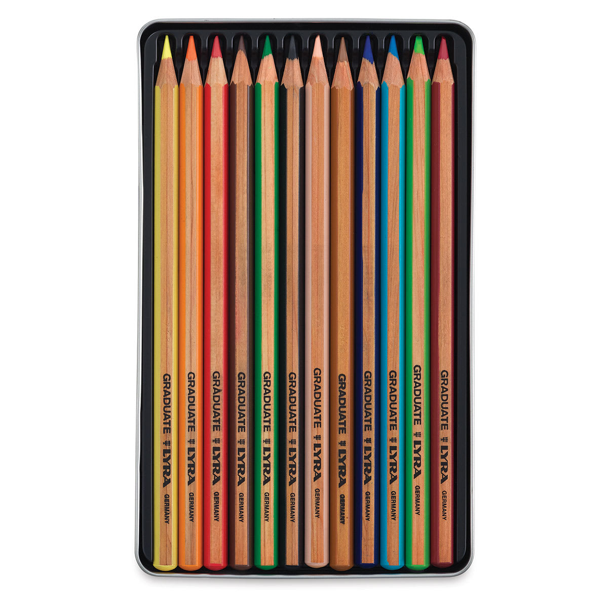 Lyra Graduate Colored Pencils - Set of 12 shown open in storage tin
