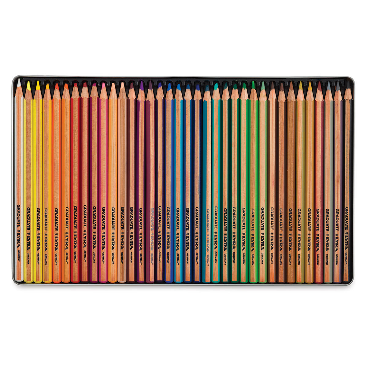 Lyra Graduate Colored Pencils - Set of 36 shown open in storage tin