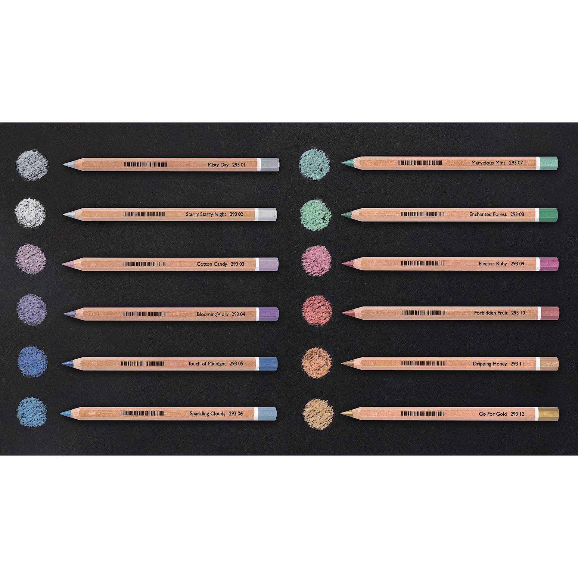 Cretacolor The Brilliants Metallic Drawing Set, swatches of the colors on a black paper